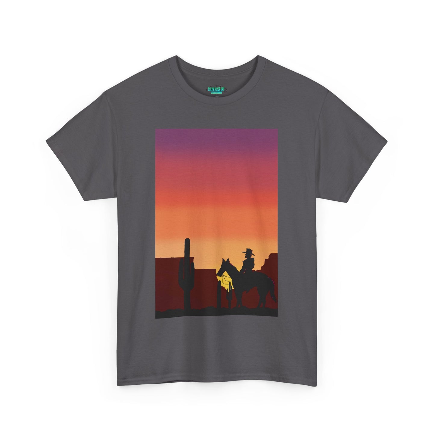 Sunset Cowboy Unisex Heavy Cotton Tee - Western Graphic Tee for Nature Lovers