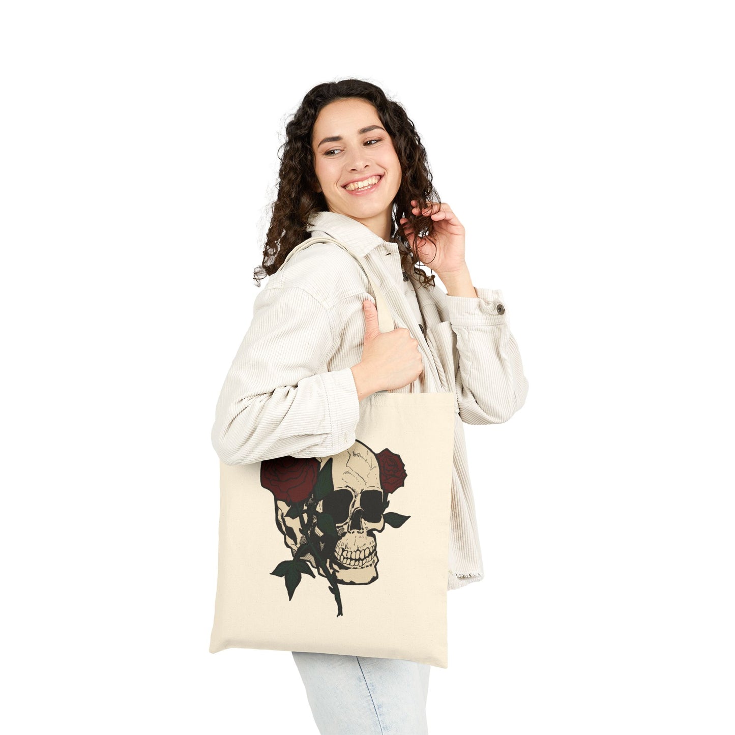 Skull & Roses Canvas Tote Bag — Gothic Floral Reusable Shopper