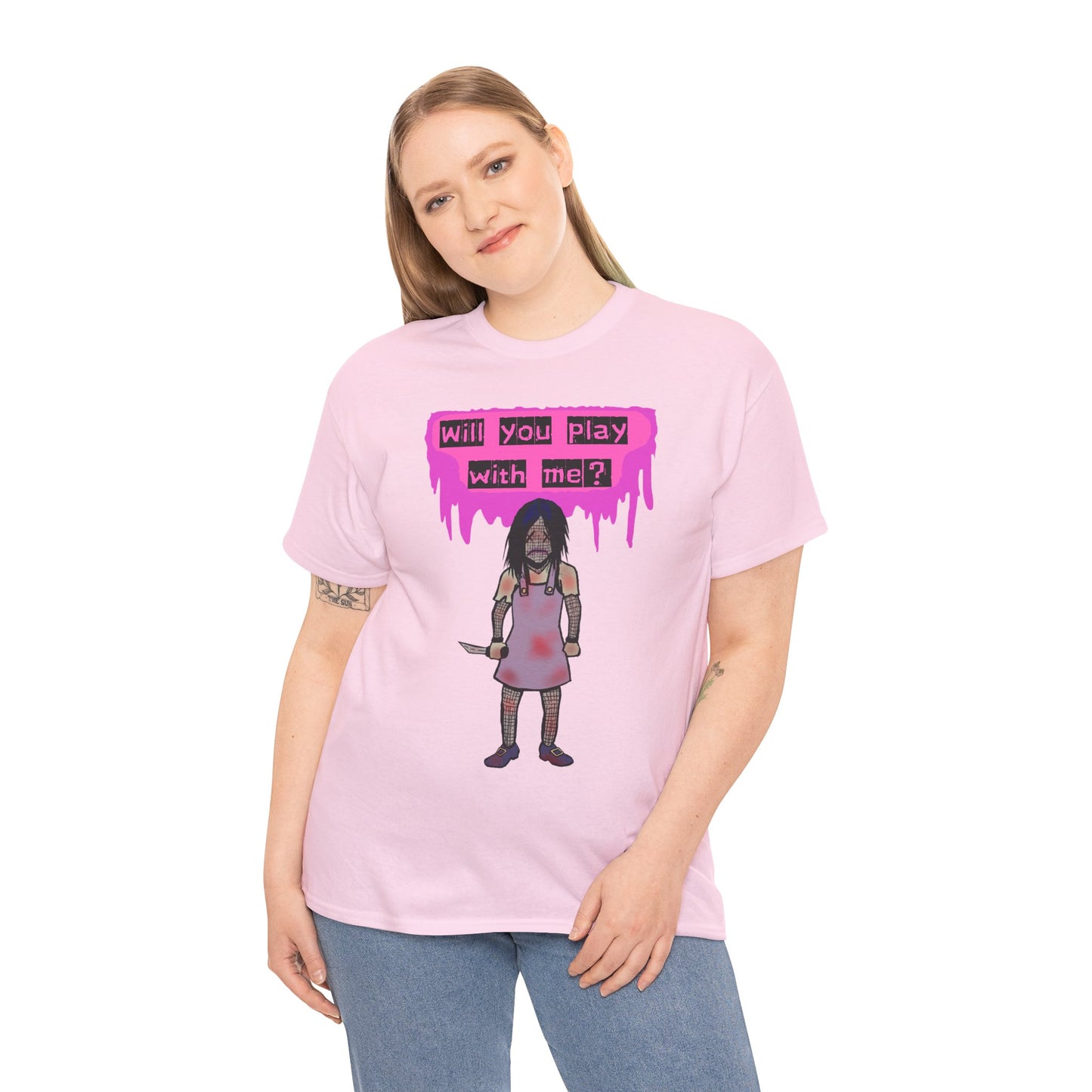 Playful Evil Doll Horror Graphic Tee, Unisex Heavy Cotton Shirt, Casual Wear, Unique Gift, Halloween Costume, Quirky Fashion
