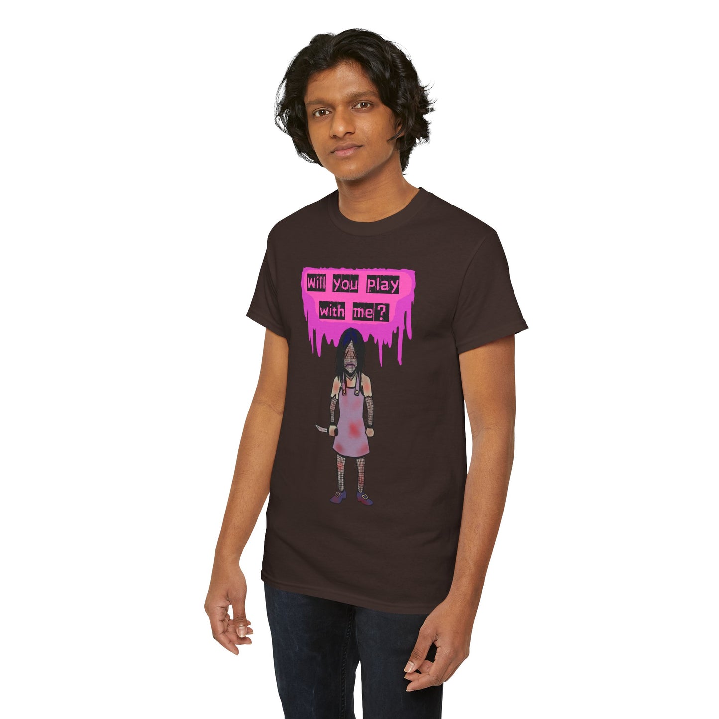 Playful Evil Doll Horror Graphic Tee, Unisex Heavy Cotton Shirt, Casual Wear, Unique Gift, Halloween Costume, Quirky Fashion