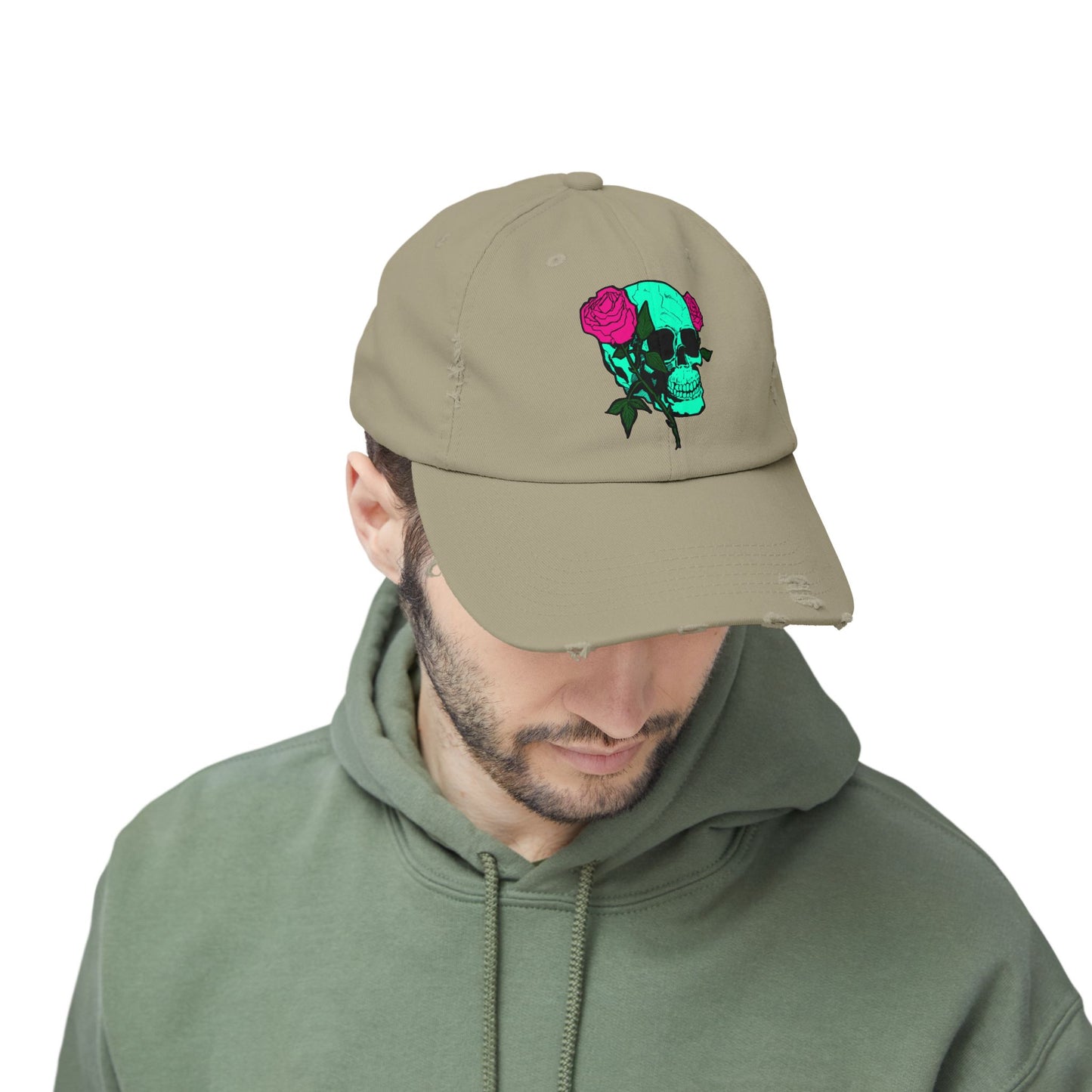 Trendy Distressed Skull Cap with Roses