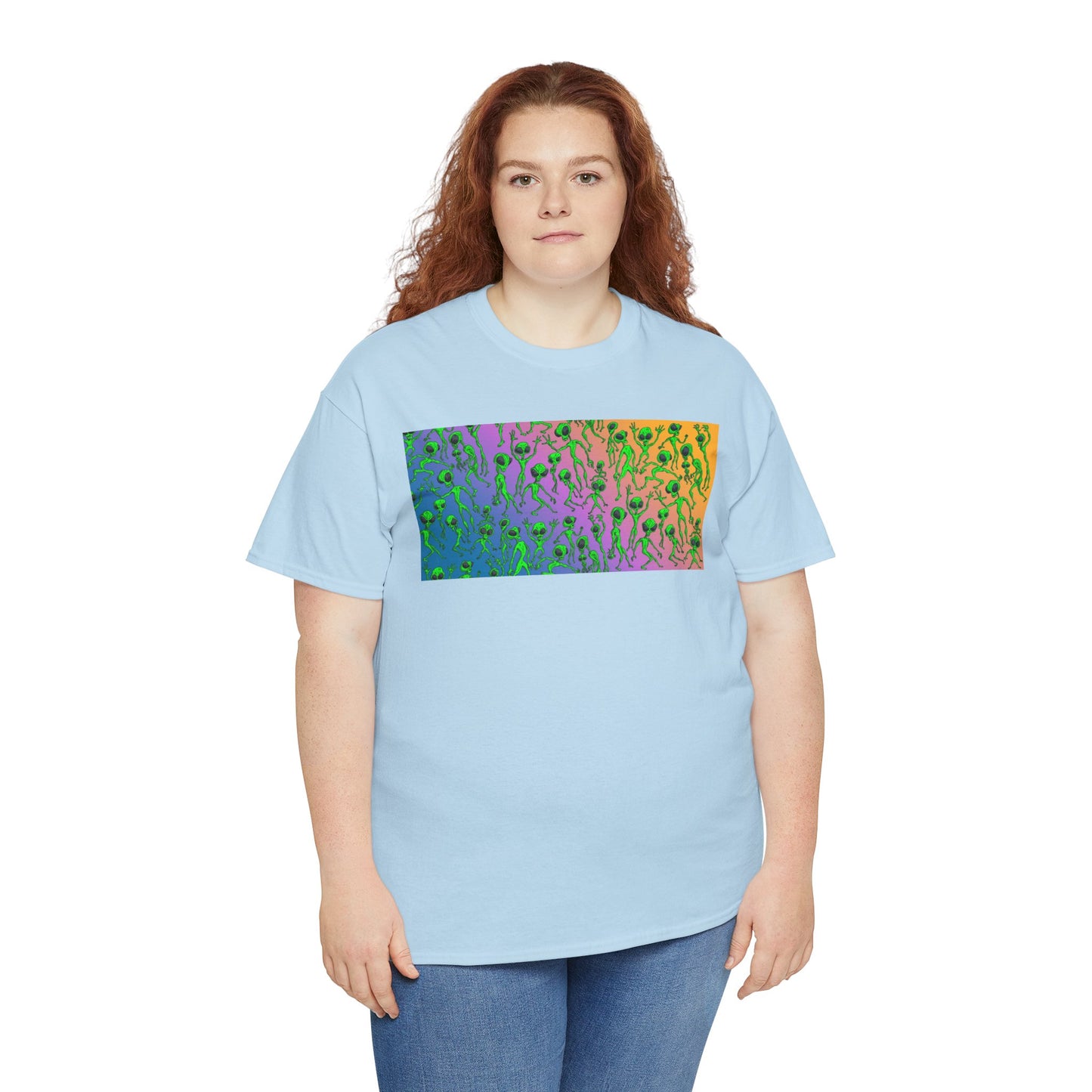 Alien Dance Party Gradient Tee — Colorful Psychedelic Green Aliens Art T-Shirt