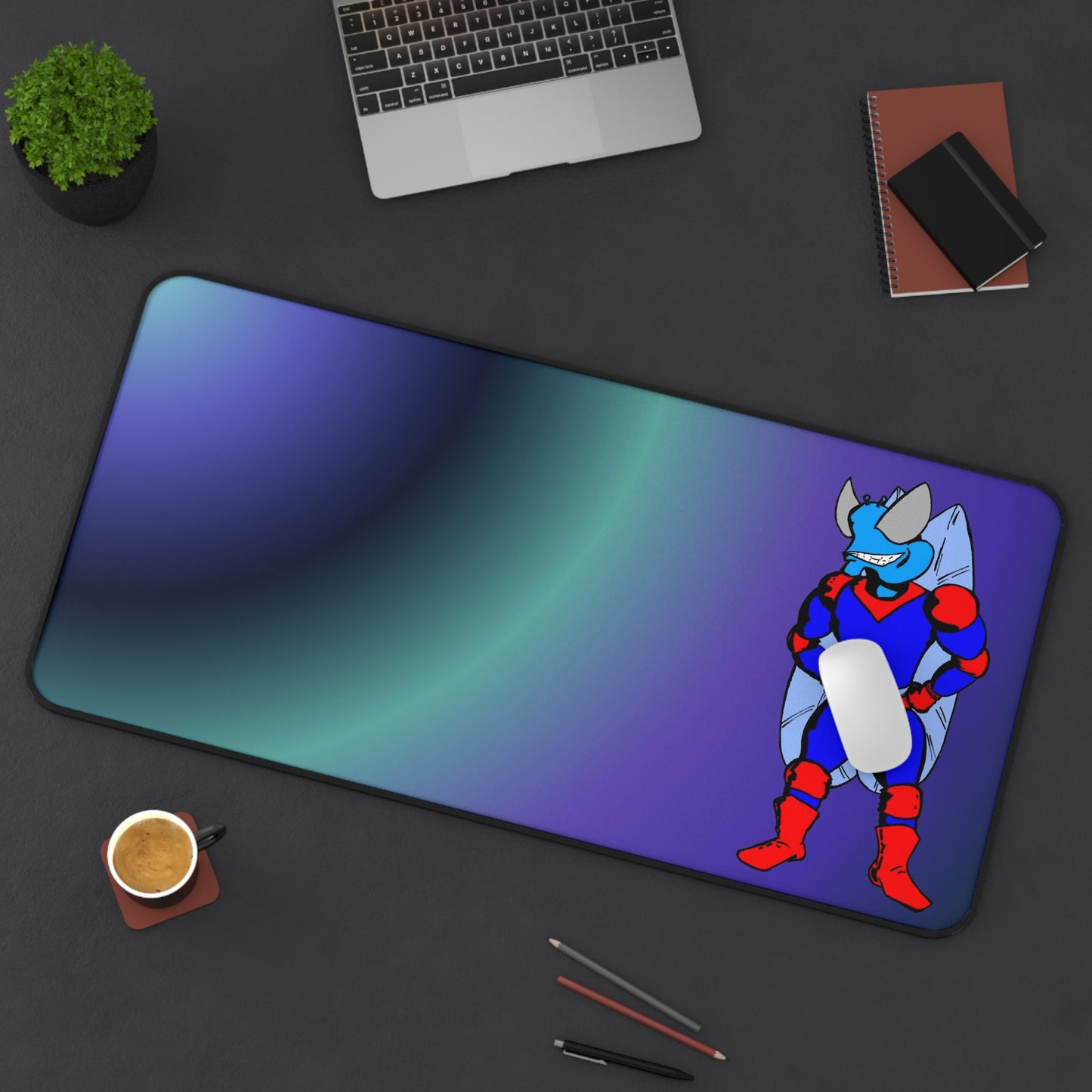 The Astounding Astro-Fly Desk Mat — Gradient Gaming Desk Mat with Retro Superhero Character