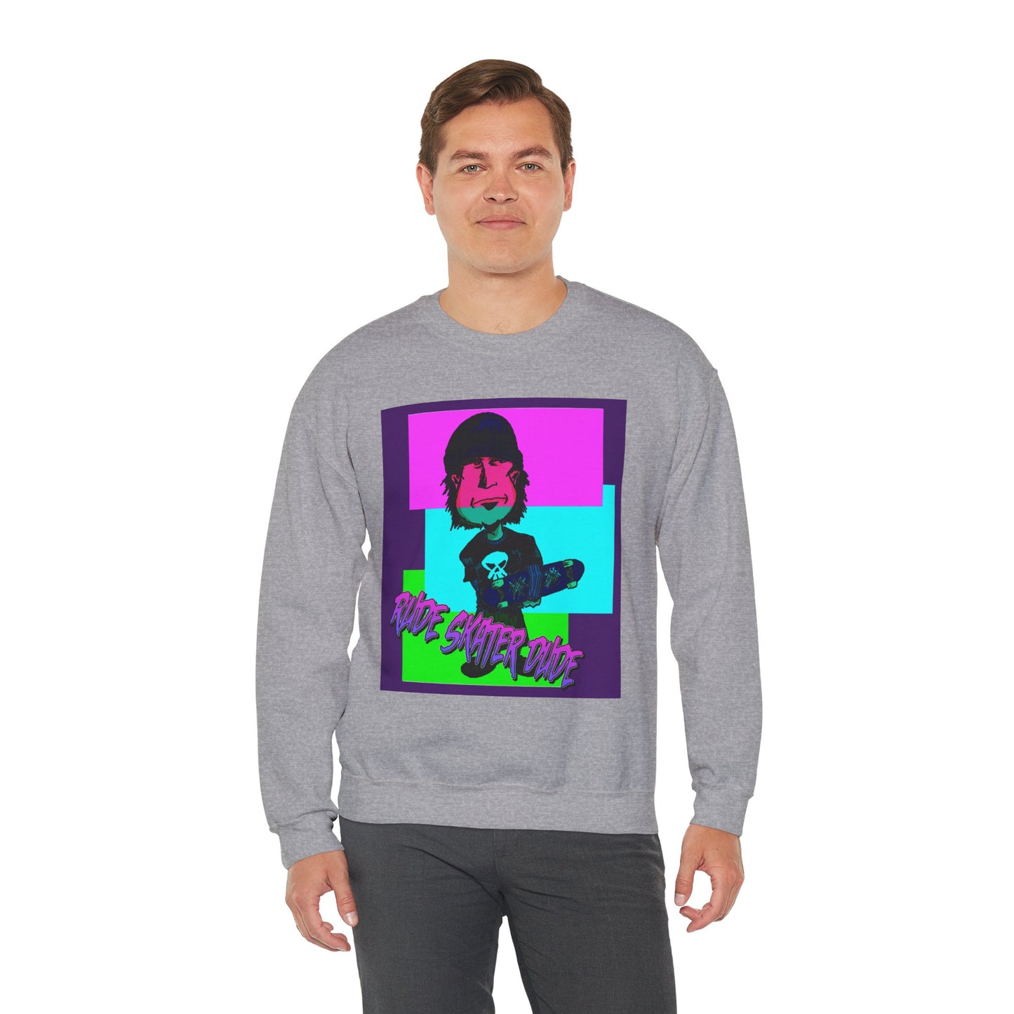 Crewneck Sweatshirt — Retro Neon Skate Punk "Rude Skater Dude" Graphic