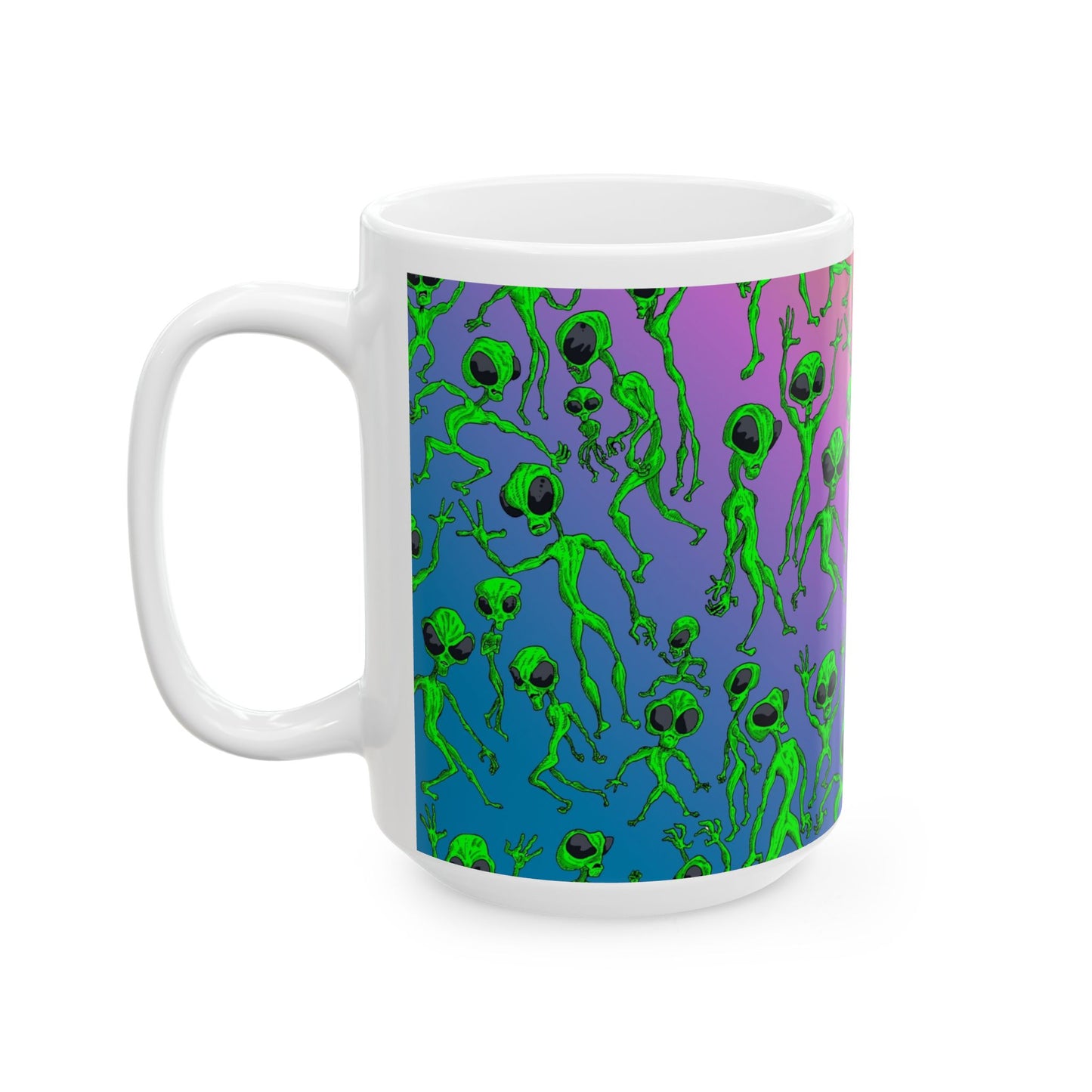 Alien Dance Party Ceramic Mug — Colorful Psychedelic Green Aliens (11oz & 15oz)