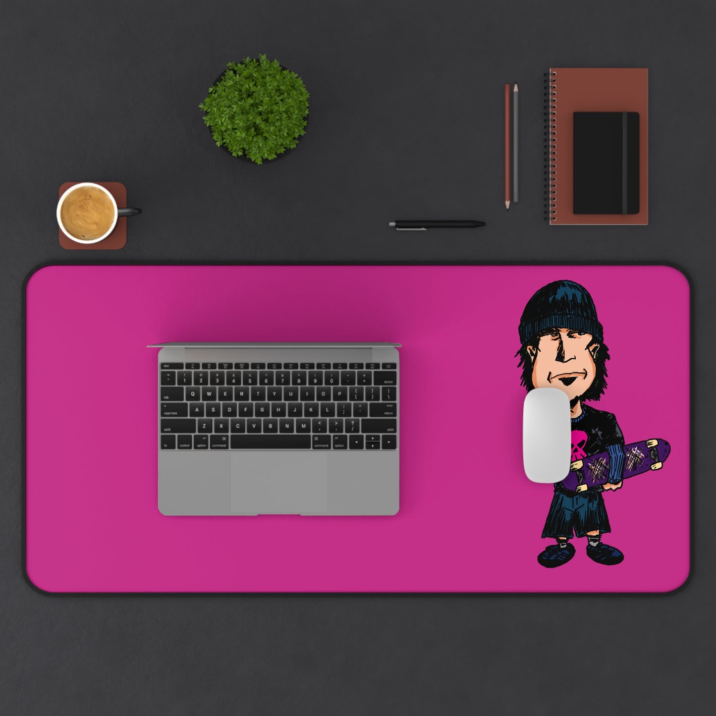 Rude Skater Dude - Skater Punk Desk Mat — Hot Pink Gamer Mousepad with Skateboard Cartoon