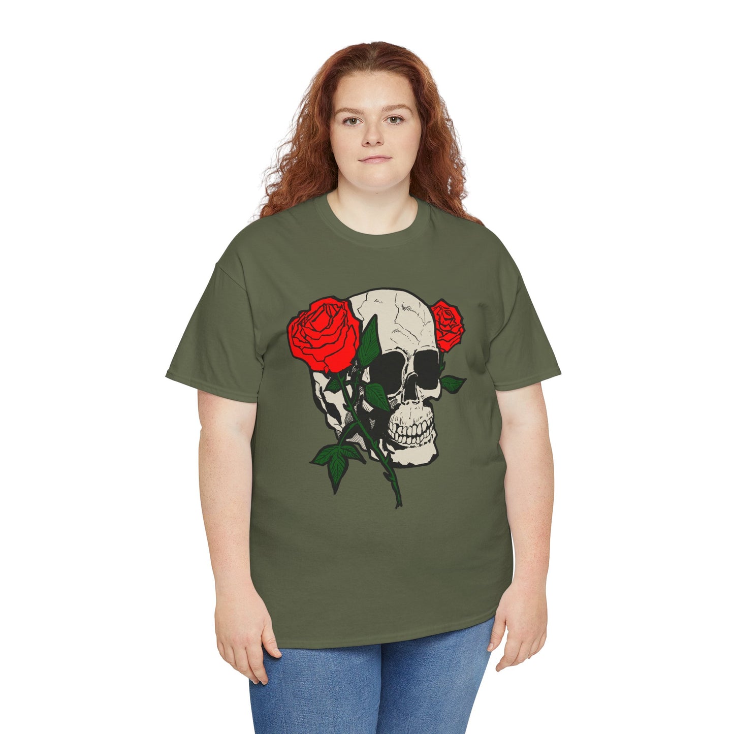 Skull & Roses Unisex Heavy Cotton Tee - Edgy Graphic T-Shirt for Casual Style