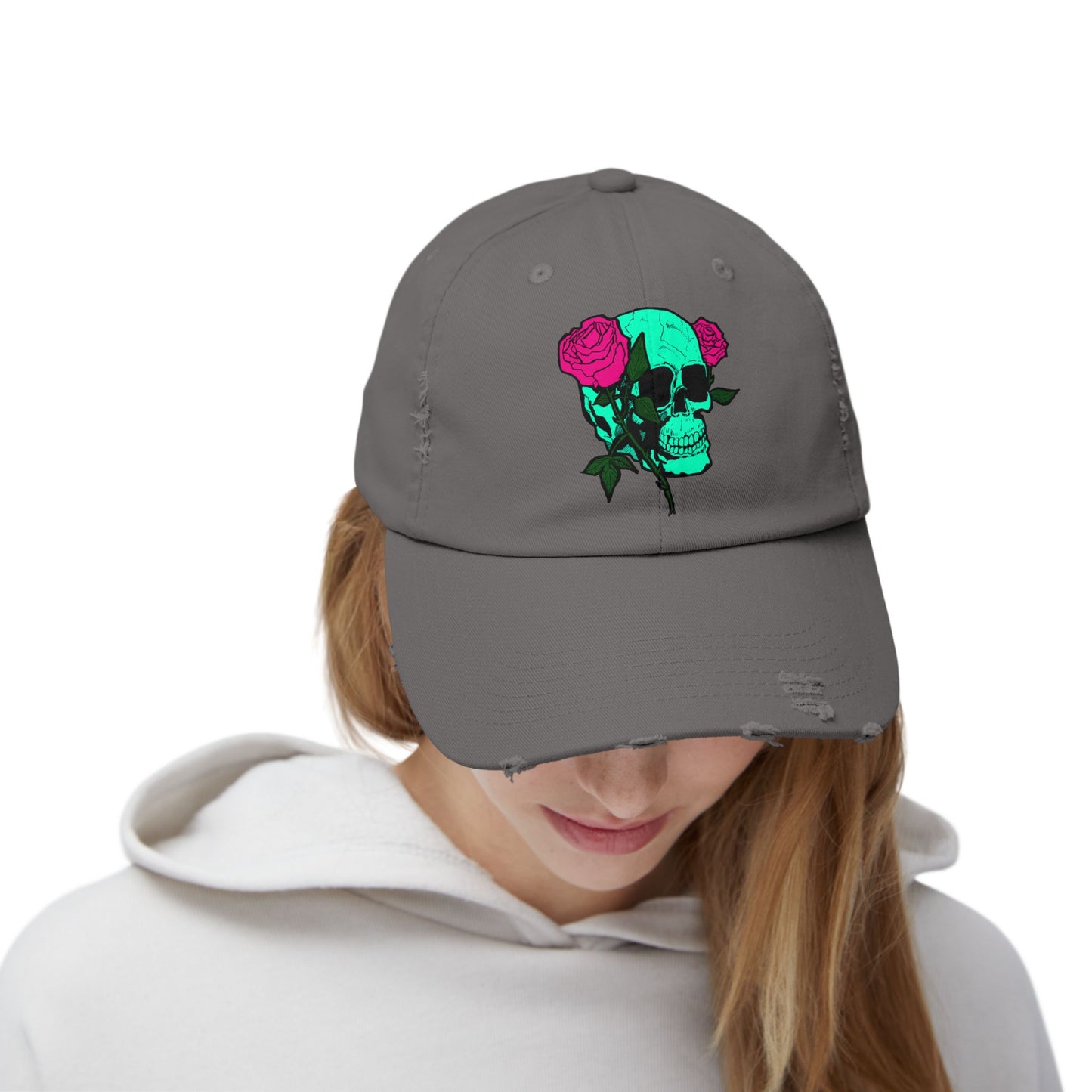 Trendy Distressed Skull Cap with Roses