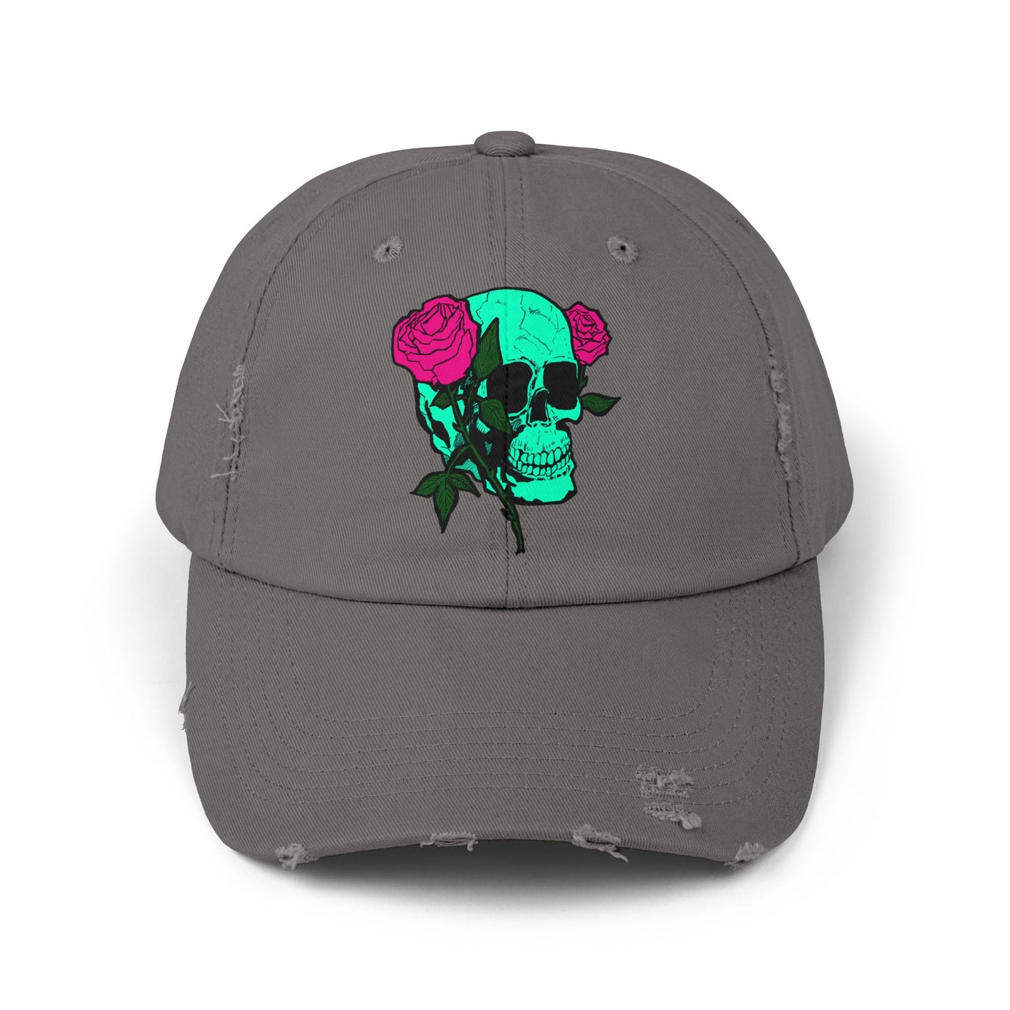 Trendy Distressed Skull Cap with Roses