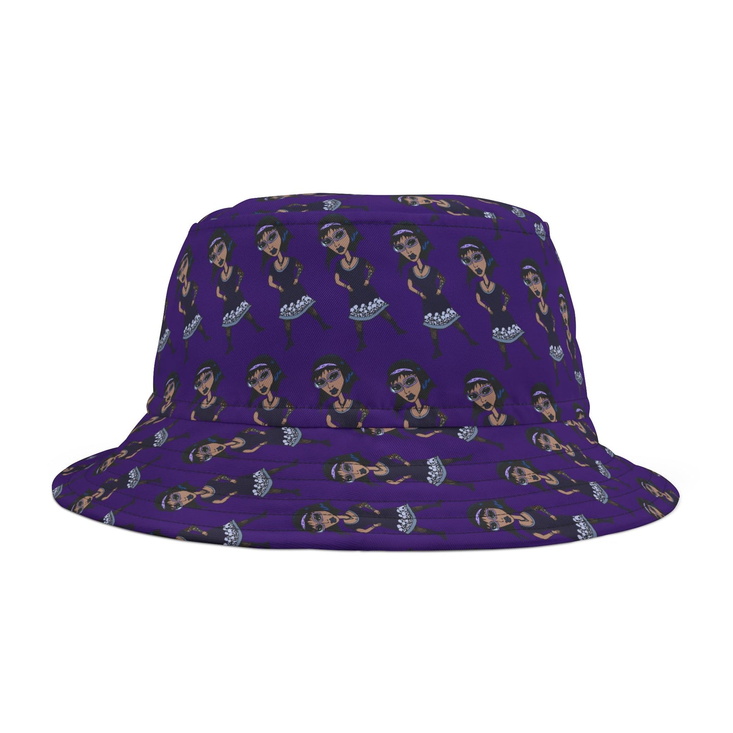 Purple Retro Goth Girl Pattern Bucket Hat — All-Over Print Fashion Accessory