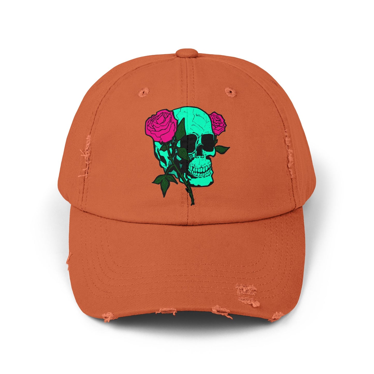 Trendy Distressed Skull Cap with Roses
