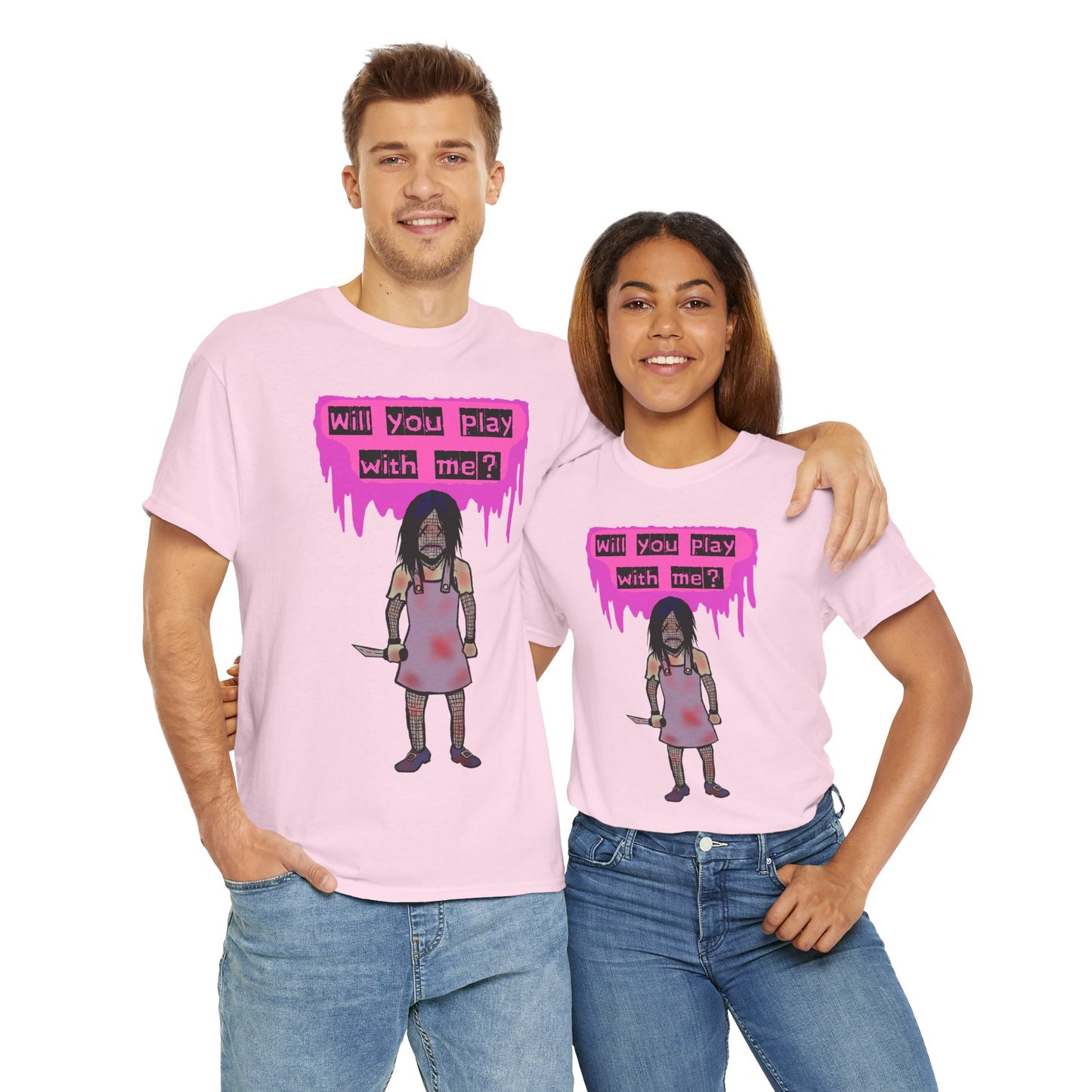 Playful Evil Doll Horror Graphic Tee, Unisex Heavy Cotton Shirt, Casual Wear, Unique Gift, Halloween Costume, Quirky Fashion