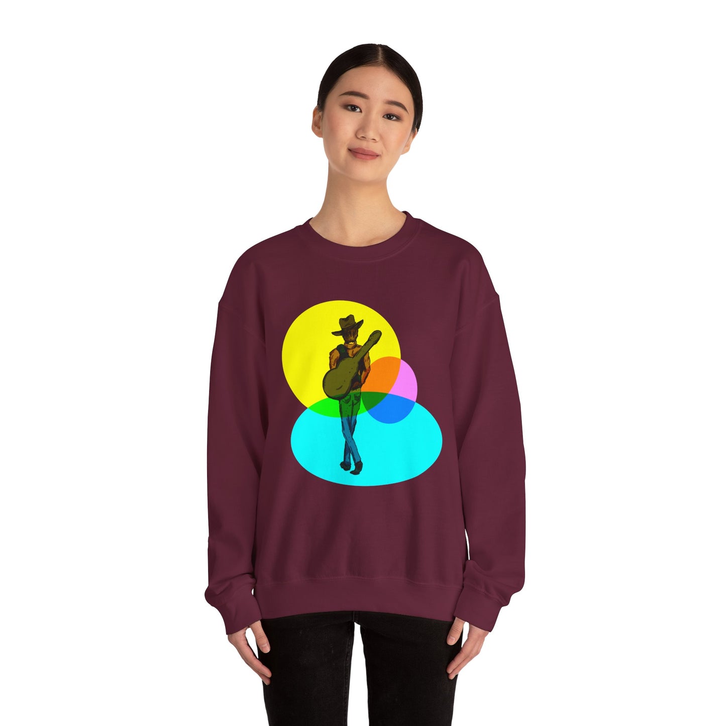 Cowboy Guitarist Graphic Sweatshirt — Retro Color Spot Music Pullover