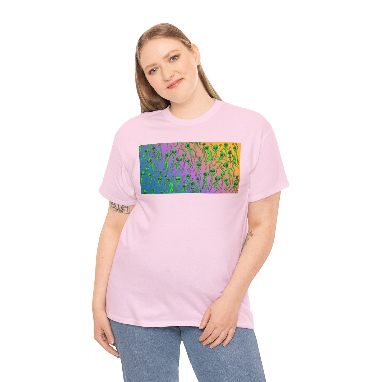 Alien Dance Party Gradient Tee — Colorful Psychedelic Green Aliens Art T-Shirt