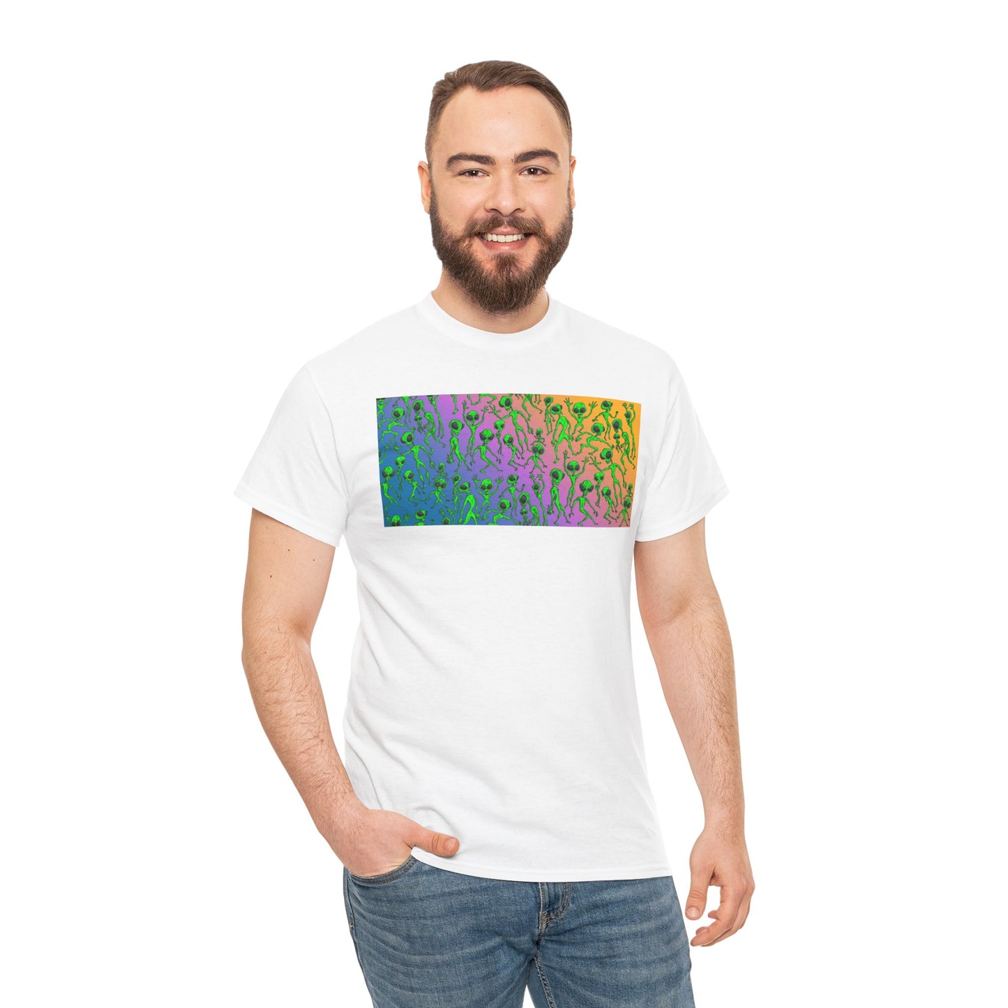 Alien Dance Party Gradient Tee — Colorful Psychedelic Green Aliens Art T-Shirt
