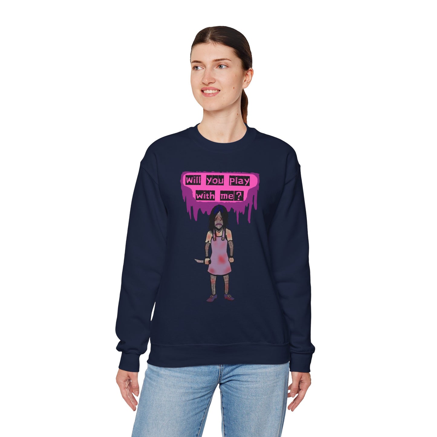 Evil Doll GHOSTLY VINTAGE UNISEX CREWNECK SWEATSHIRT - "Will You Play With Me?"