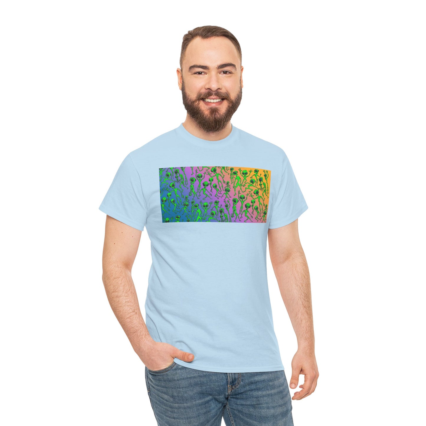 Alien Dance Party Gradient Tee — Colorful Psychedelic Green Aliens Art T-Shirt