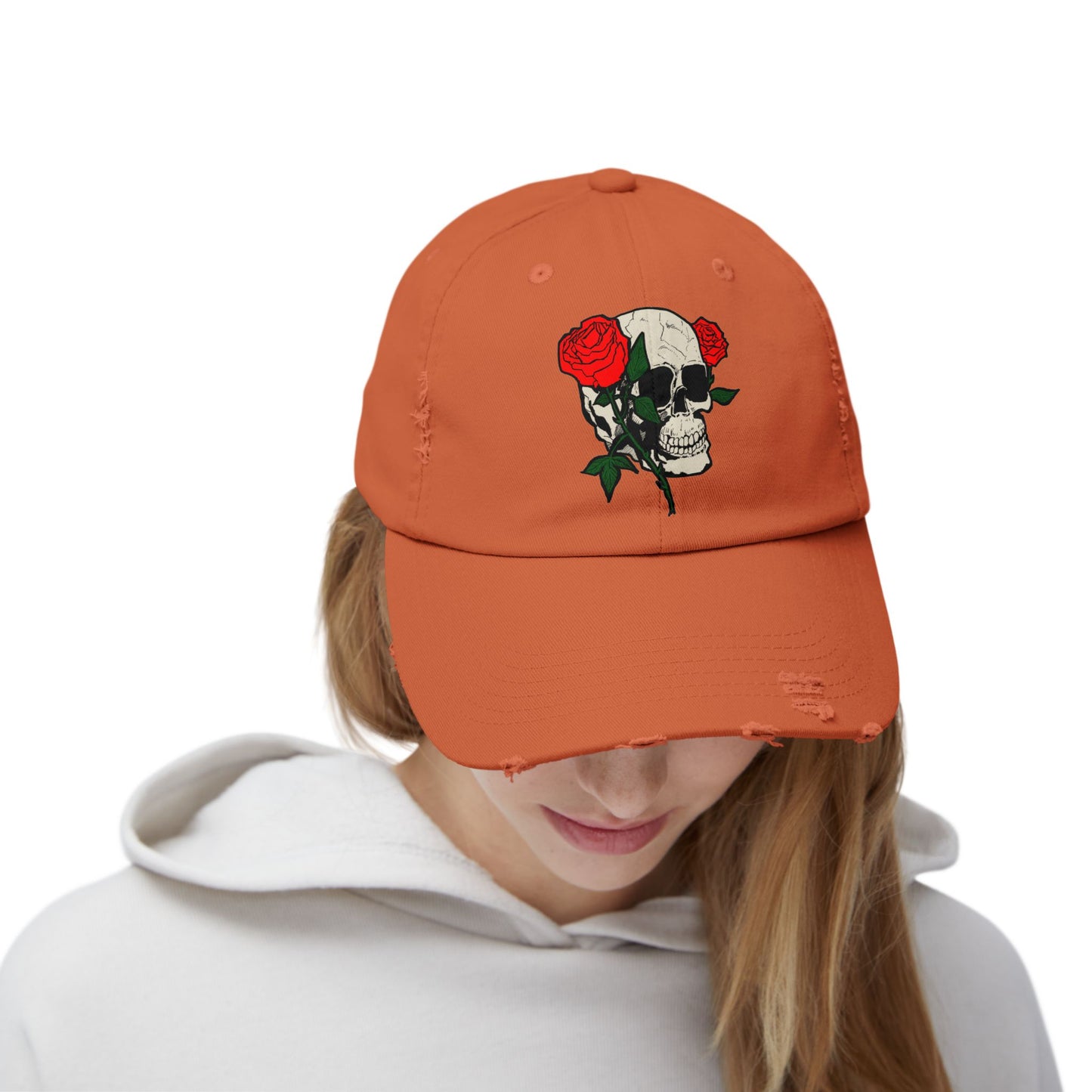 Skull and Roses Distressed Unisex Cap – Edgy Fashion Accessory for Music Lovers