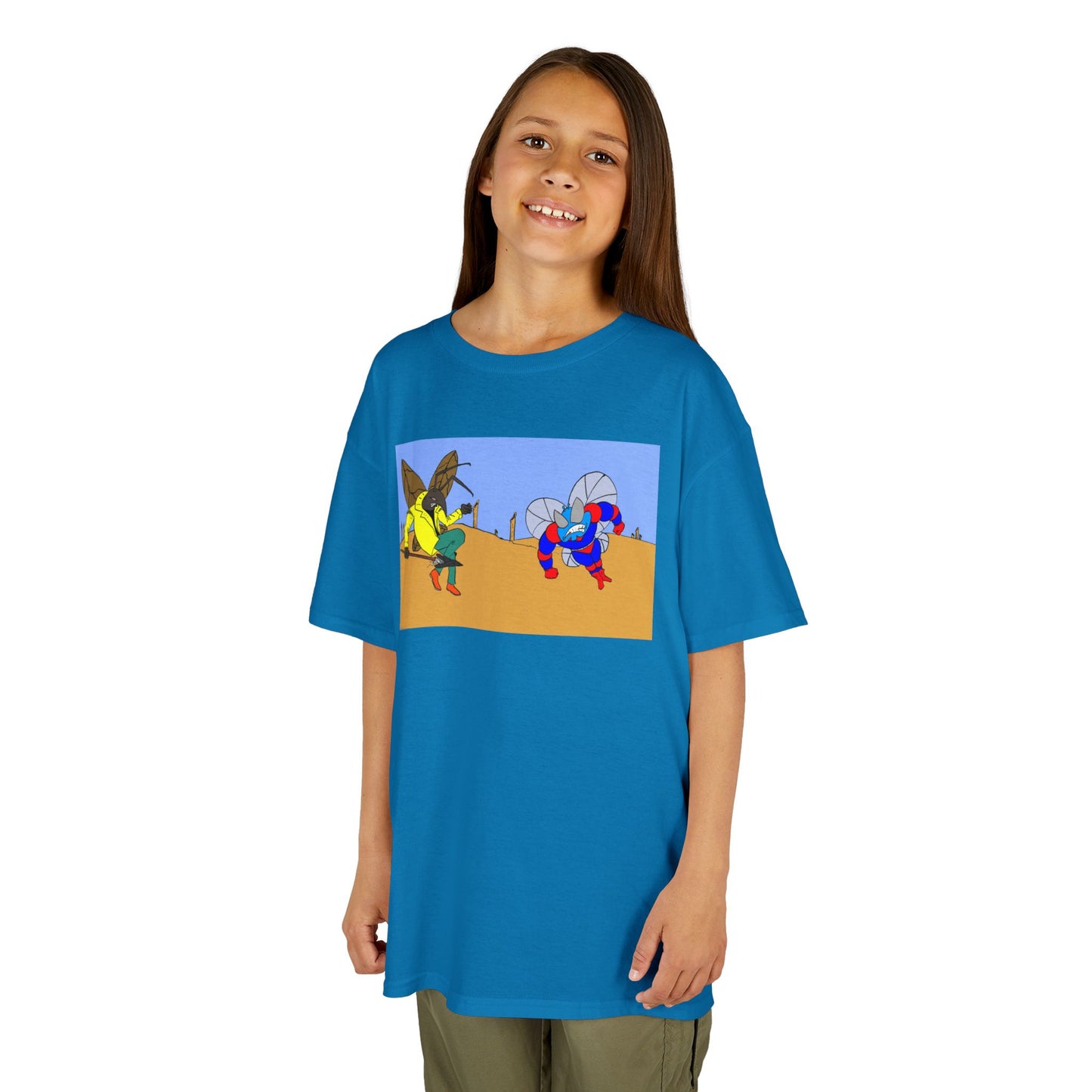 Astro-Fly and Wasp Warrior Kids Tee — Colorful Desert Beetle Cartoon Illustration