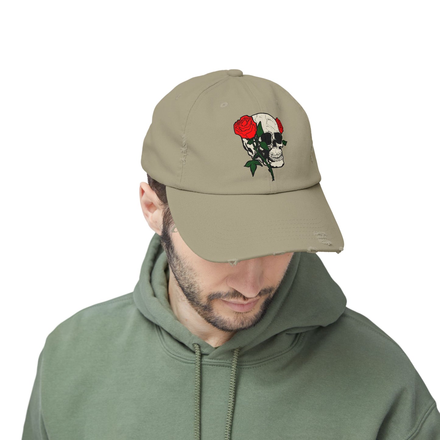 Skull and Roses Distressed Unisex Cap – Edgy Fashion Accessory for Music Lovers
