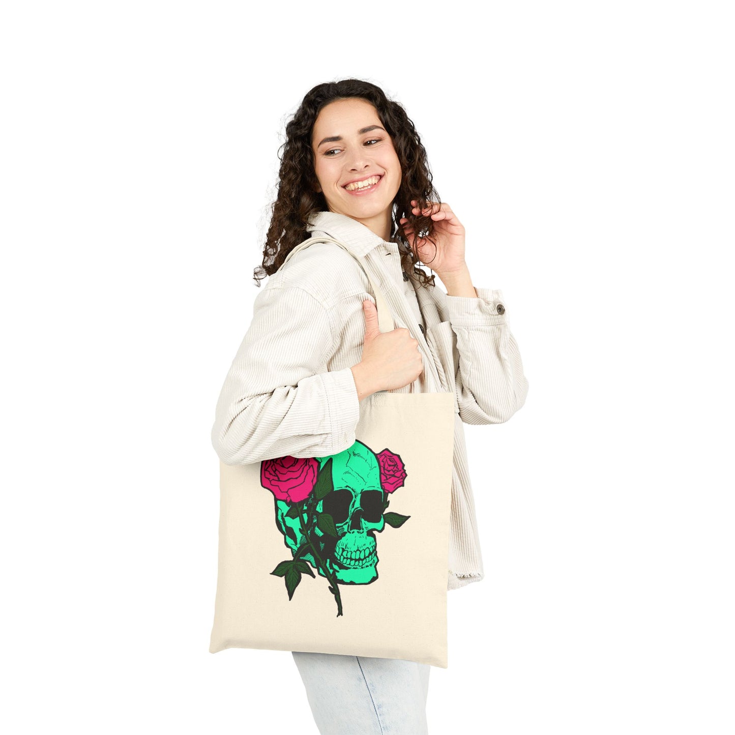 Skull & Roses Canvas Tote — Green Skull with Pink Roses Cotton Bag