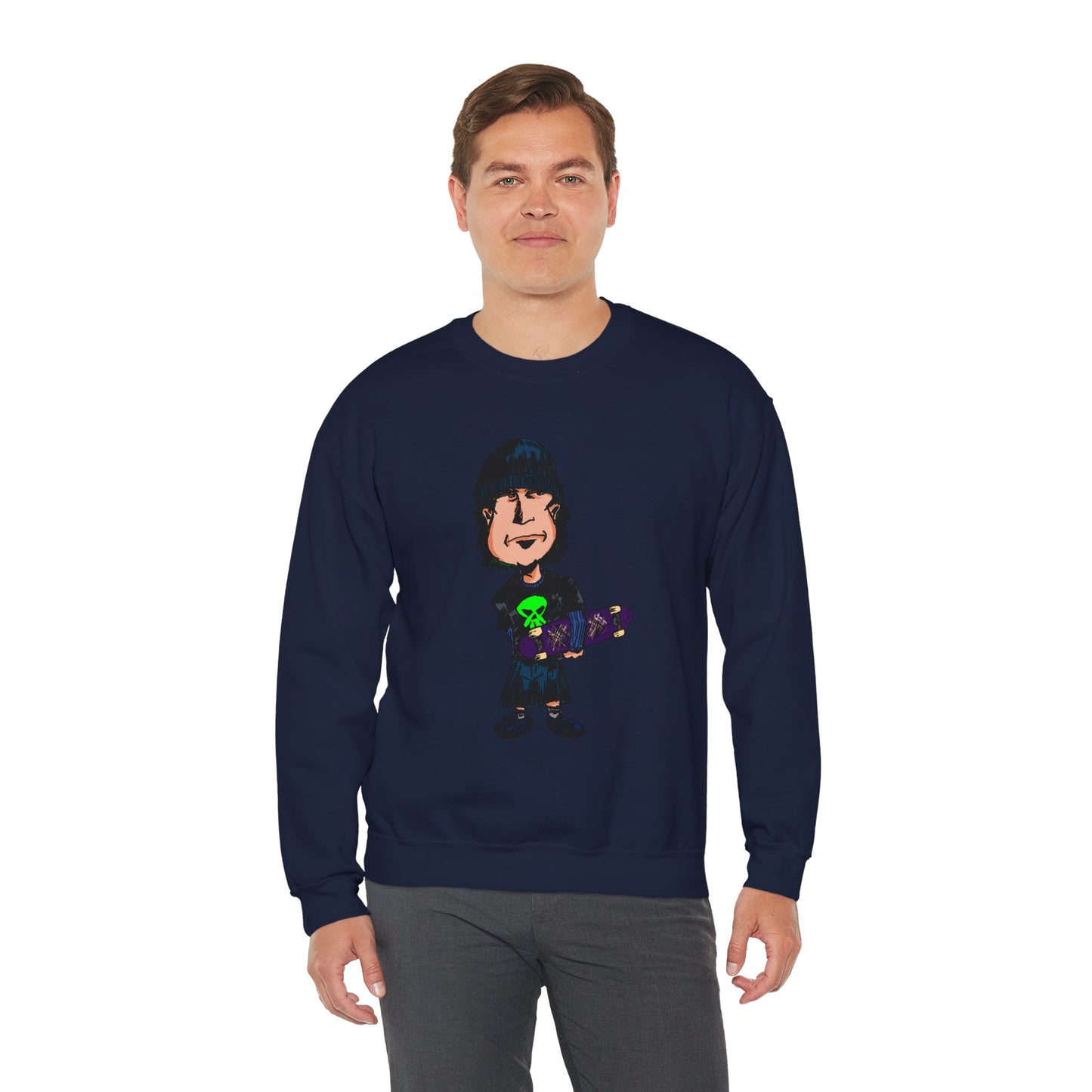 Rude Skater Dude - Cartoon Skate Punk Crewneck Sweatshirt — Retro Skateboard Character Graphic