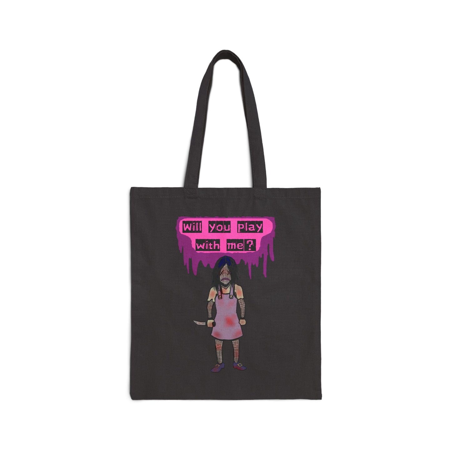 Tote Bag — 'Will You Play With Me?' Horror Creepy Doll Canvas Tote
