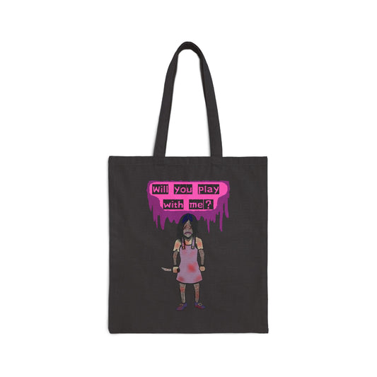 Tote Bag — 'Will You Play With Me?' Horror Creepy Doll Canvas Tote