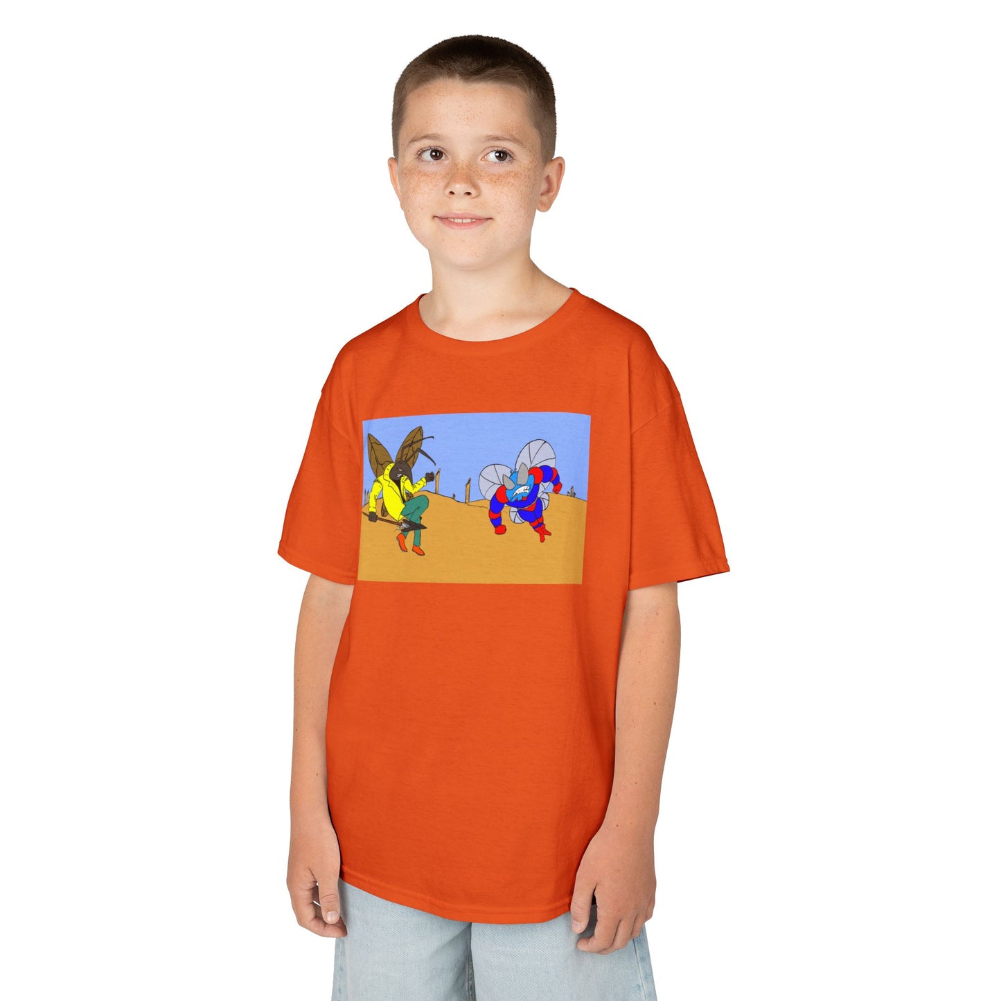 Astro-Fly and Wasp Warrior Kids Tee — Colorful Desert Beetle Cartoon Illustration