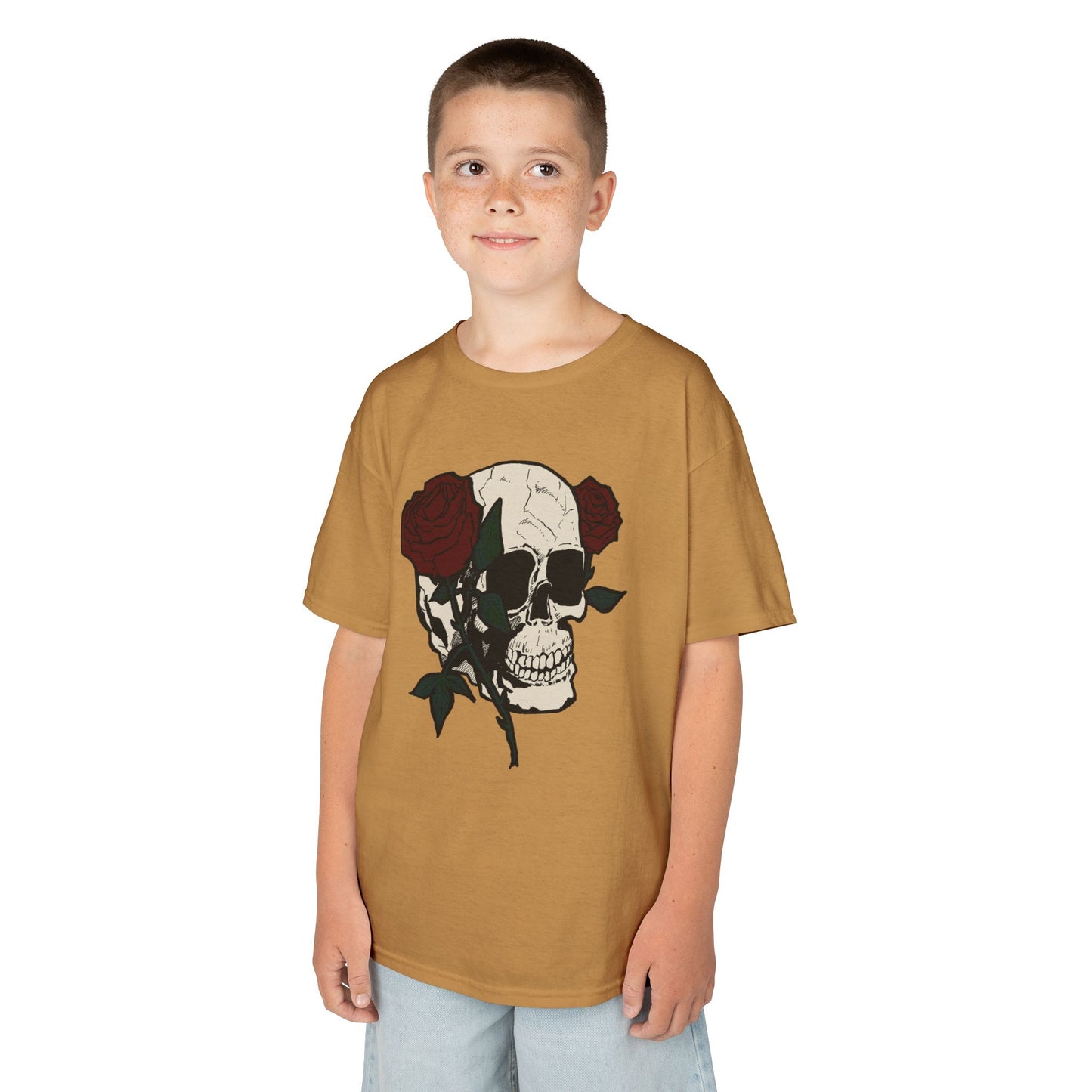 Kids Heavy Cotton Tee - Skull and Roses Graphic Tee for Trendy Kids