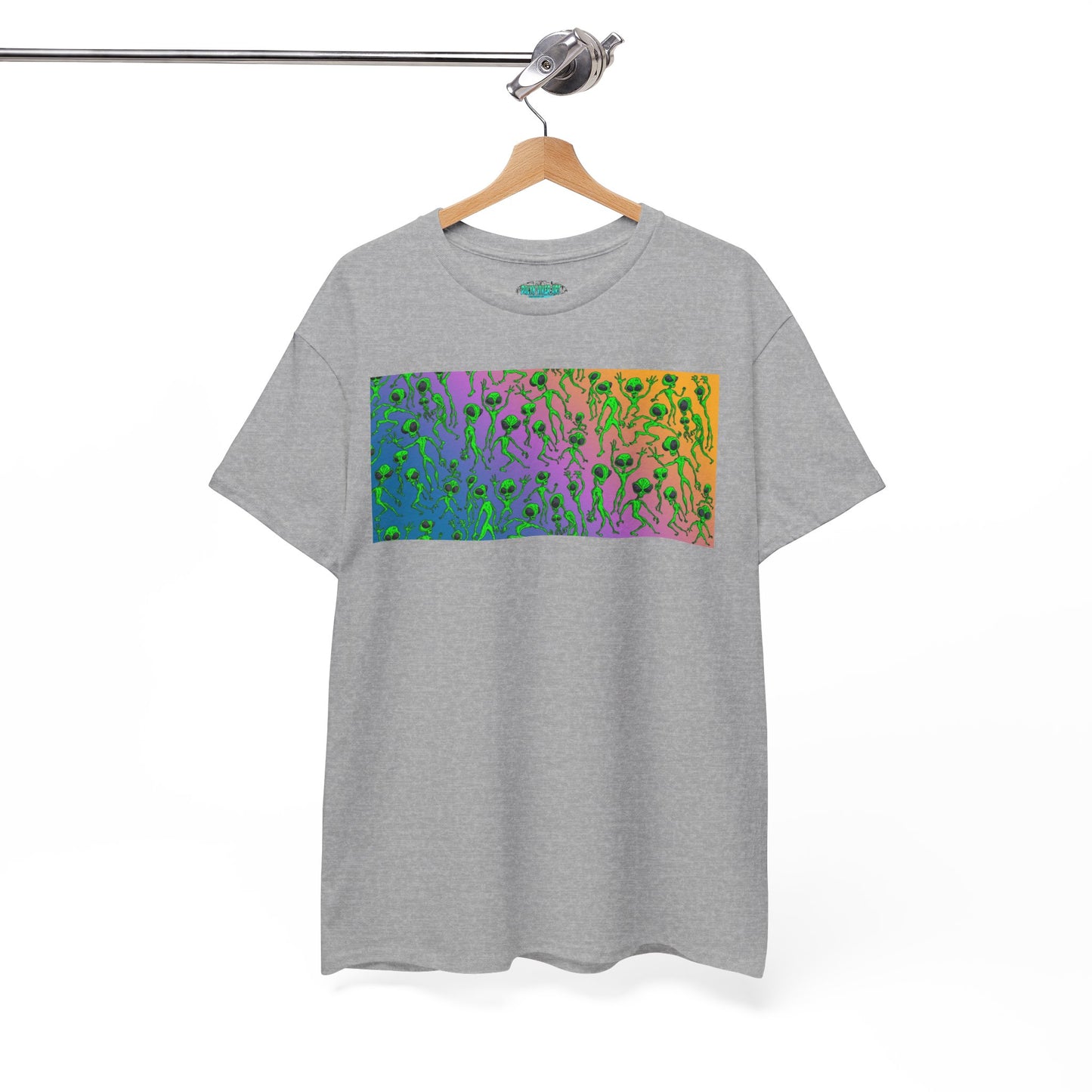 Alien Dance Party Gradient Tee — Colorful Psychedelic Green Aliens Art T-Shirt