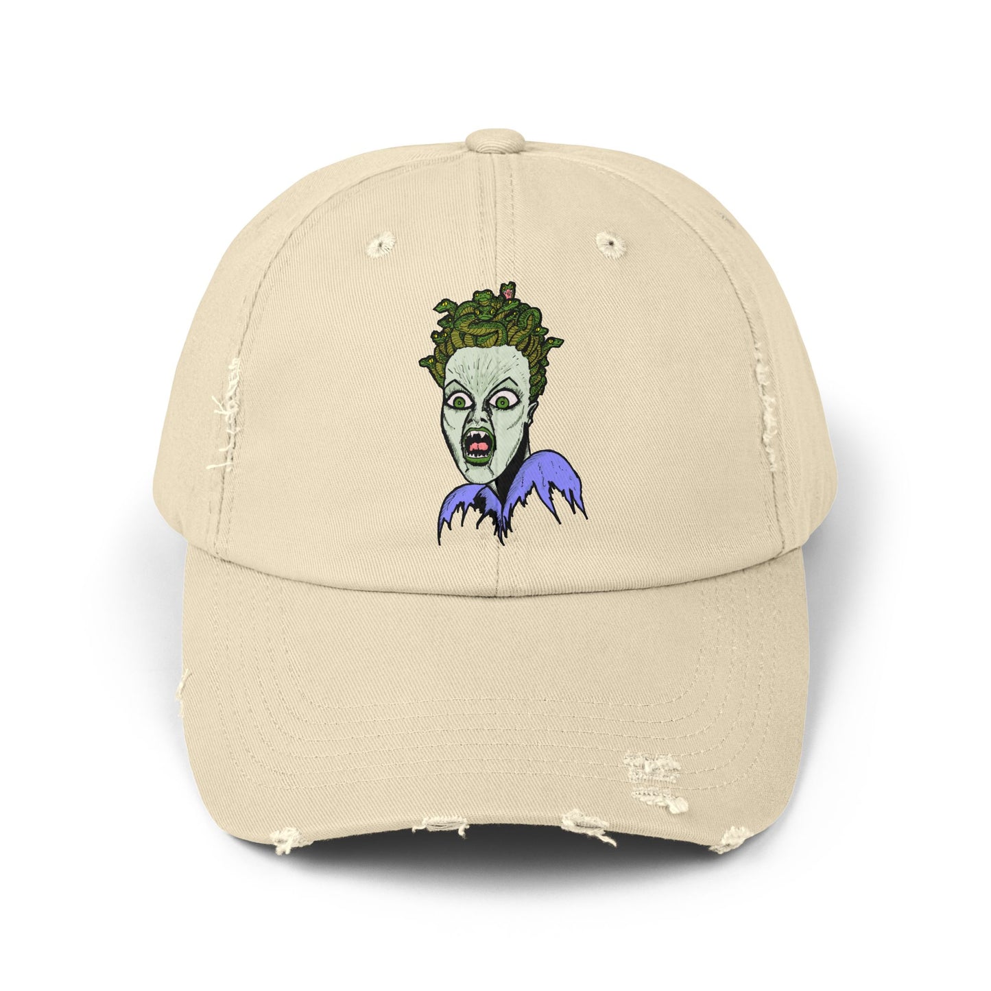 Medusa Unisex Distressed Cap with Eerie Design, Casual Hat, Halloween Accessory, Statement Cap, Gift for Horror Fans, Trendy Distressed Hat
