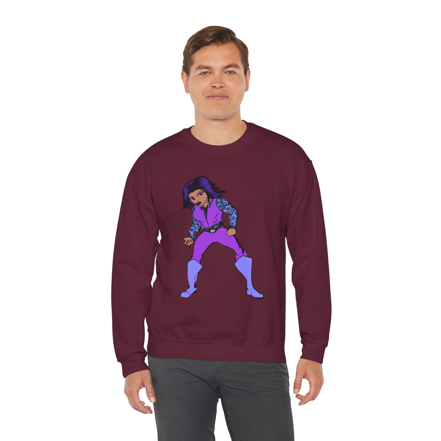 Vintage Retro Hero Crewneck Sweatshirt with Bold Graphic Design