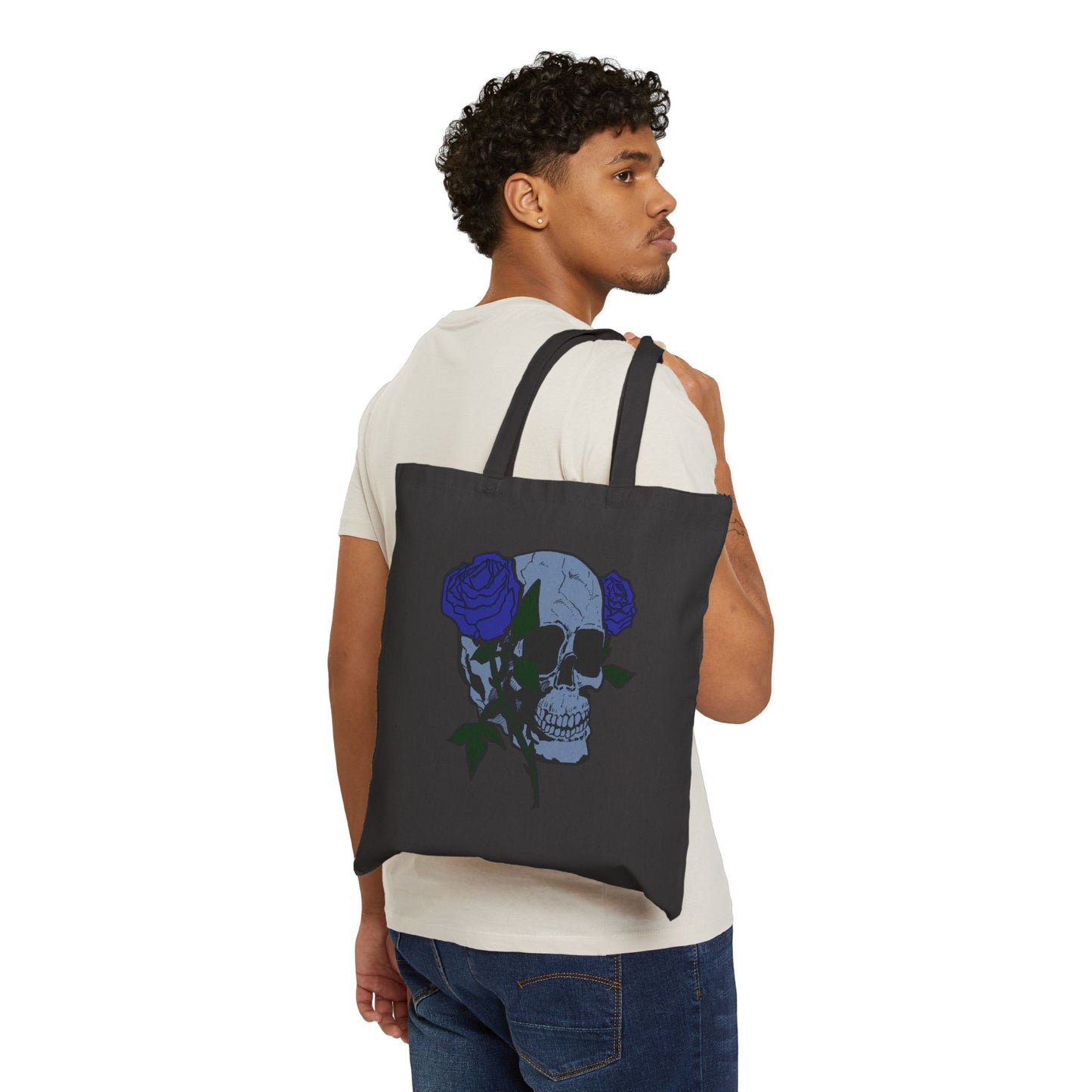 Skull with Blue Roses Cotton Tote Bag – Gothic Floral Canvas Shopper