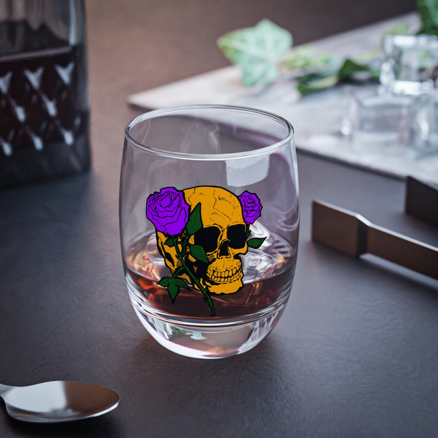 Stylish Skull Whiskey Glass with Roses | Unique Barware, Gift for Him, Collectible Drinkware, Halloween Decor, Gothic Style