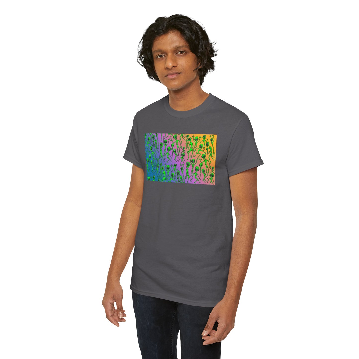 Alien Dance Party Gradient Tee — Colorful Psychedelic Green Aliens Art T-Shirt