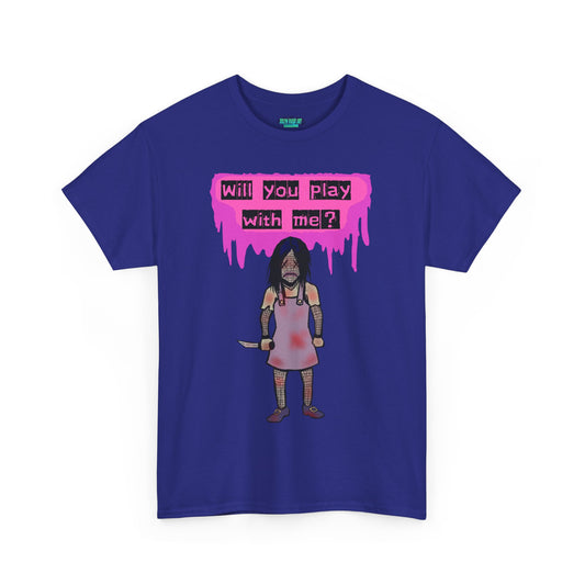 Playful Evil Doll Horror Graphic Tee, Unisex Heavy Cotton Shirt, Casual Wear, Unique Gift, Halloween Costume, Quirky Fashion