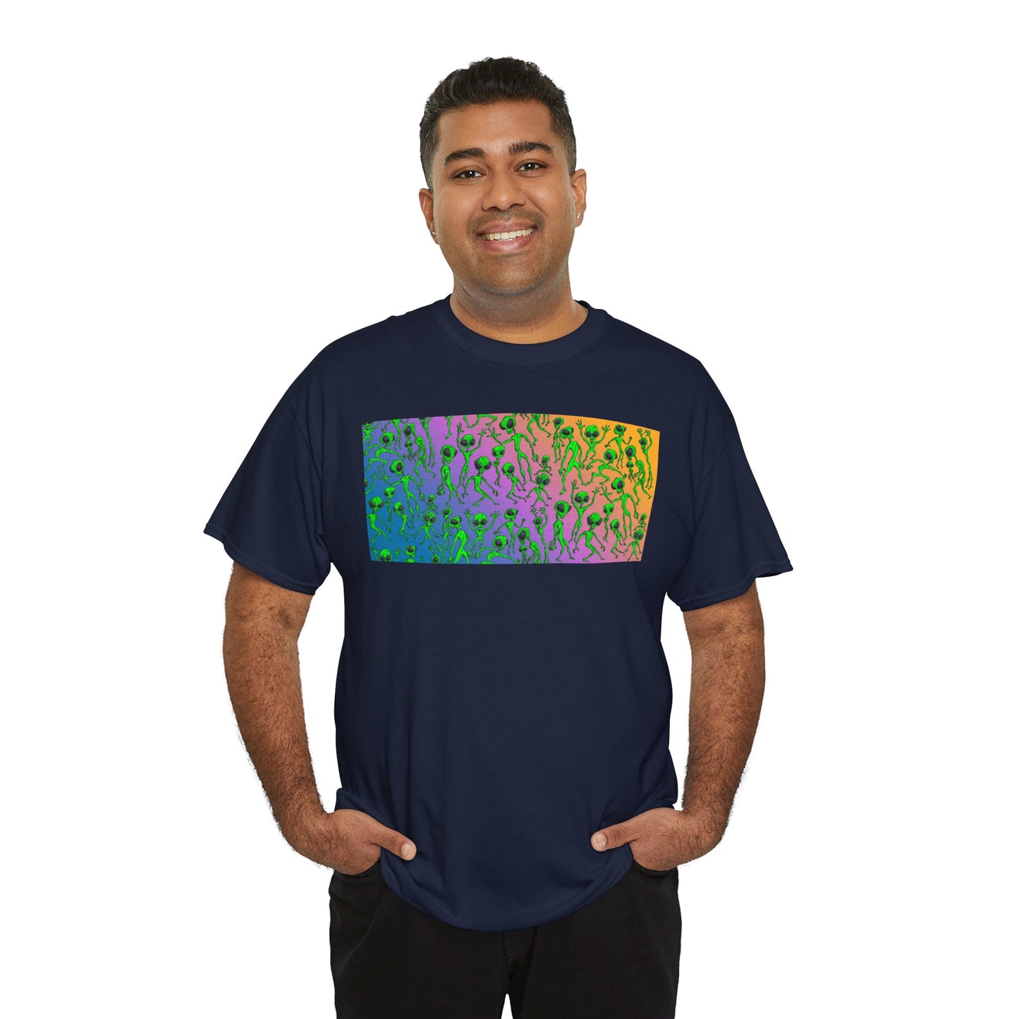 Alien Dance Party Gradient Tee — Colorful Psychedelic Green Aliens Art T-Shirt