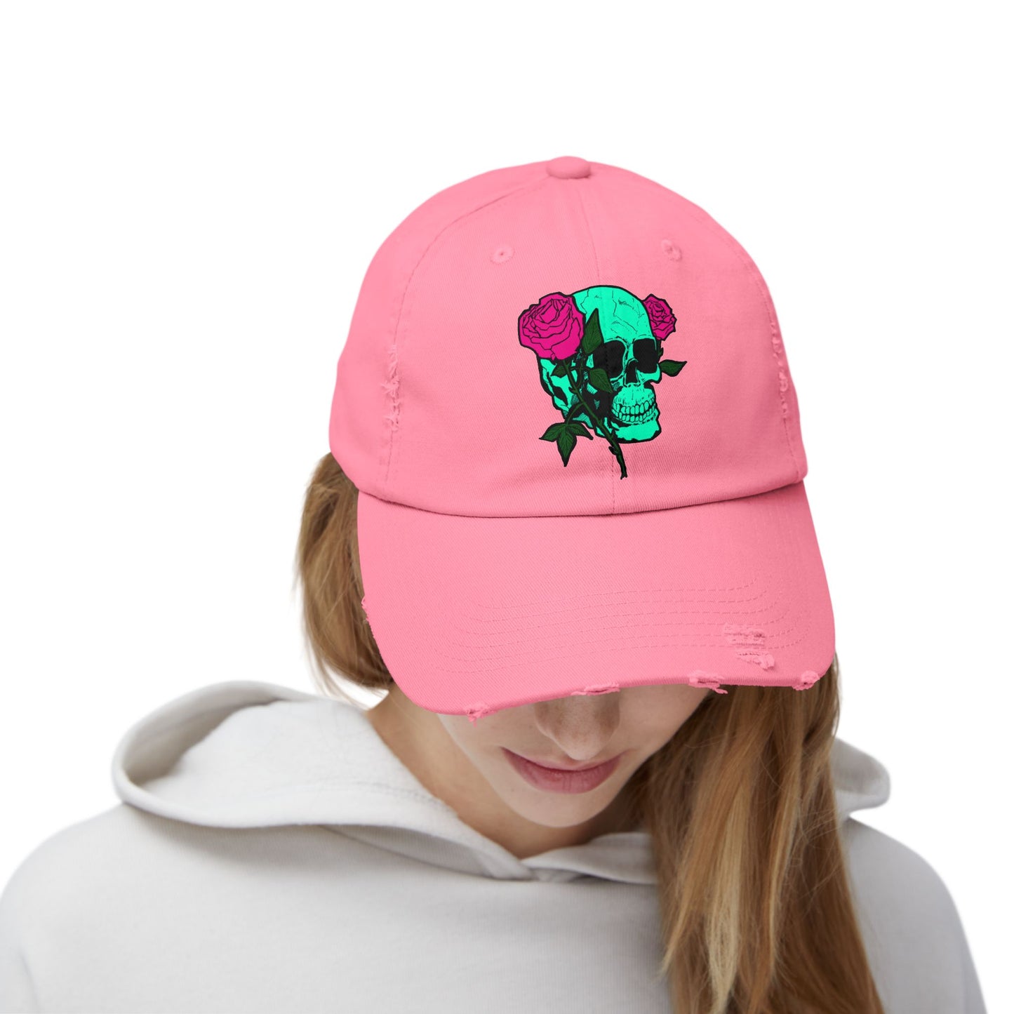Trendy Distressed Skull Cap with Roses