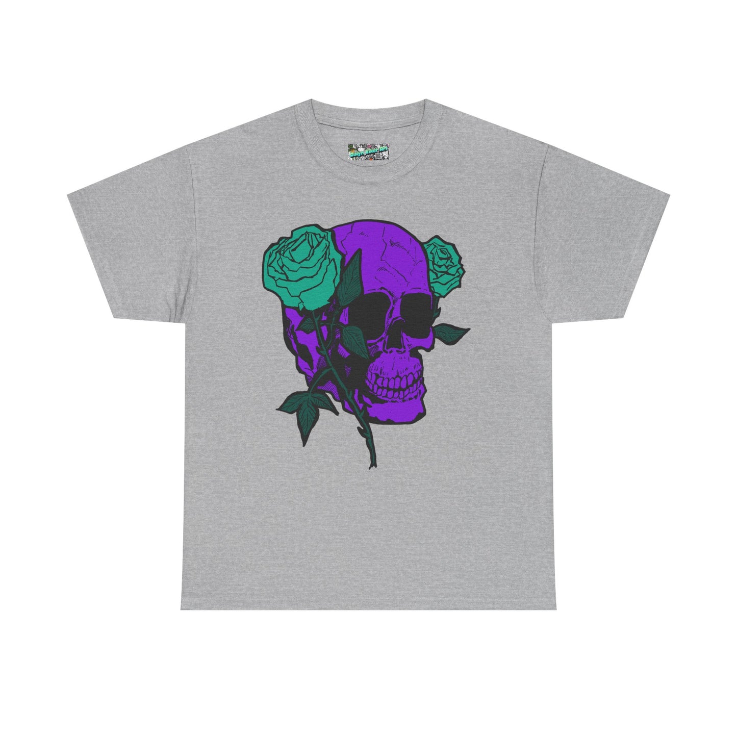 Skull & Rose Tee — Purple Skull with Turquoise Roses Graphic T-Shirt