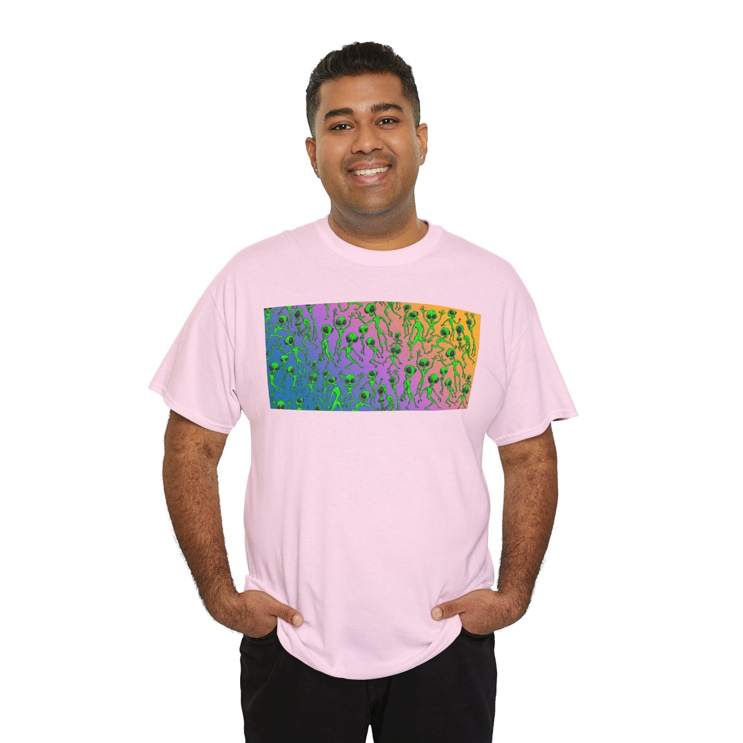 Alien Dance Party Gradient Tee — Colorful Psychedelic Green Aliens Art T-Shirt