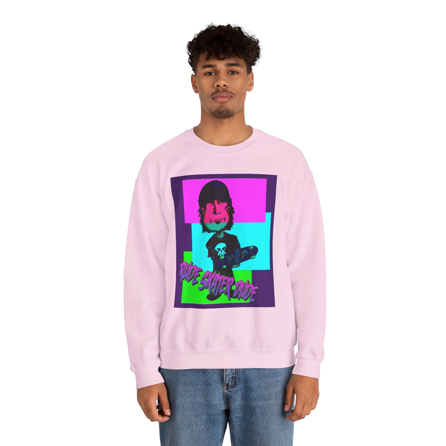 Crewneck Sweatshirt — Retro Neon Skate Punk "Rude Skater Dude" Graphic