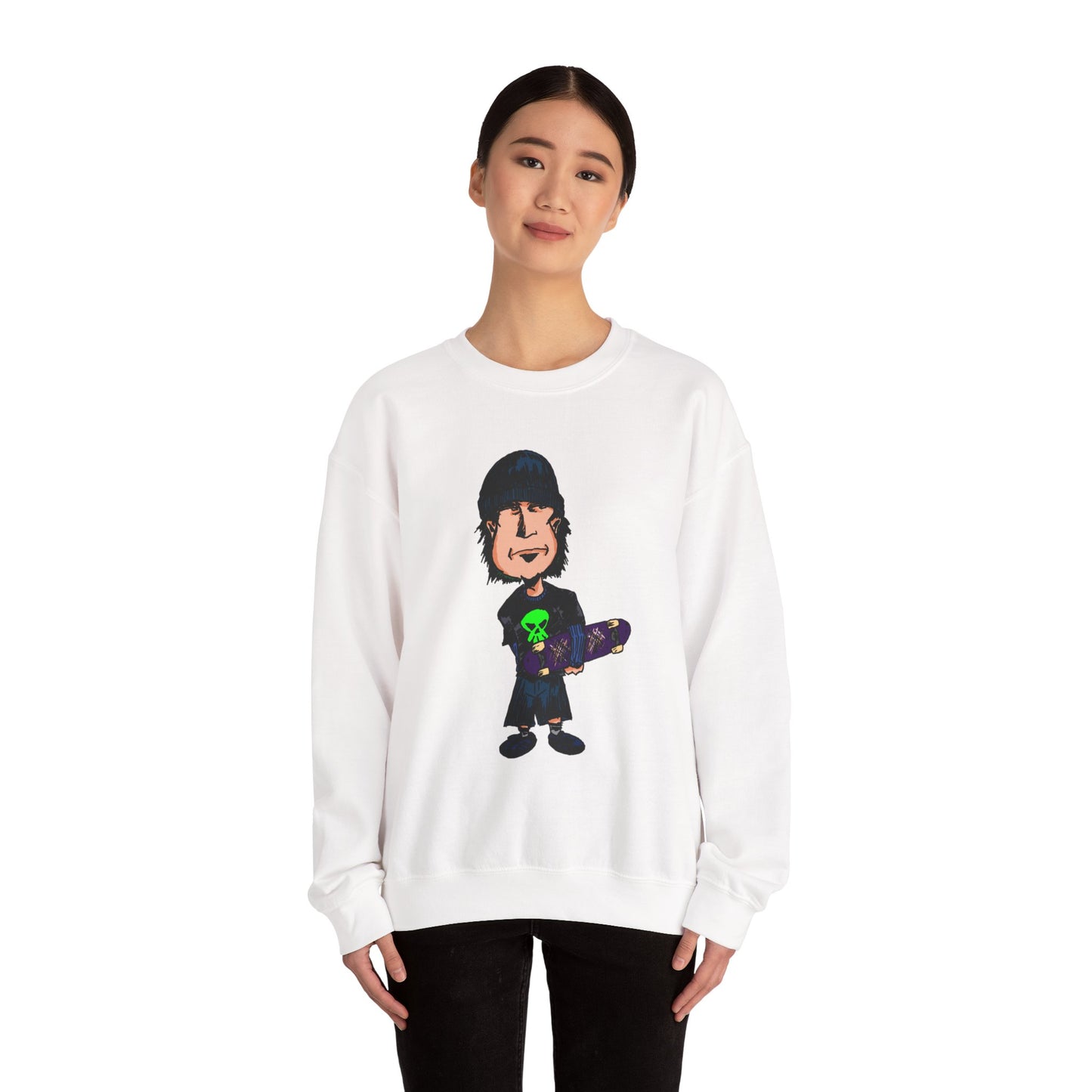 Rude Skater Dude - Cartoon Skate Punk Crewneck Sweatshirt — Retro Skateboard Character Graphic