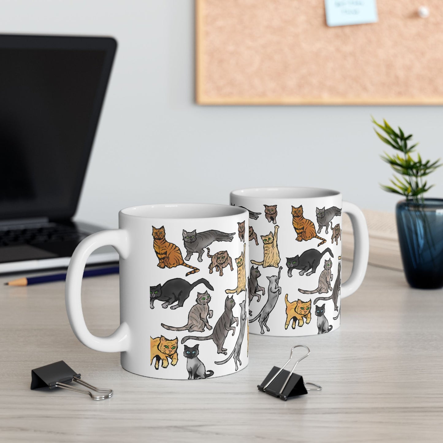 Cat Pattern Ceramic Mug — Cute Illustrated Cats Coffee Cup (11oz, 15oz)