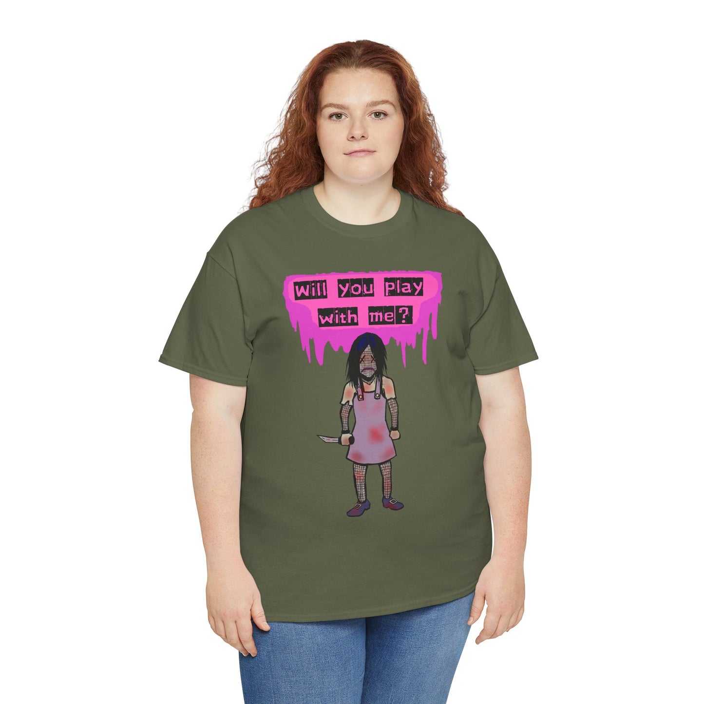 Playful Evil Doll Horror Graphic Tee, Unisex Heavy Cotton Shirt, Casual Wear, Unique Gift, Halloween Costume, Quirky Fashion