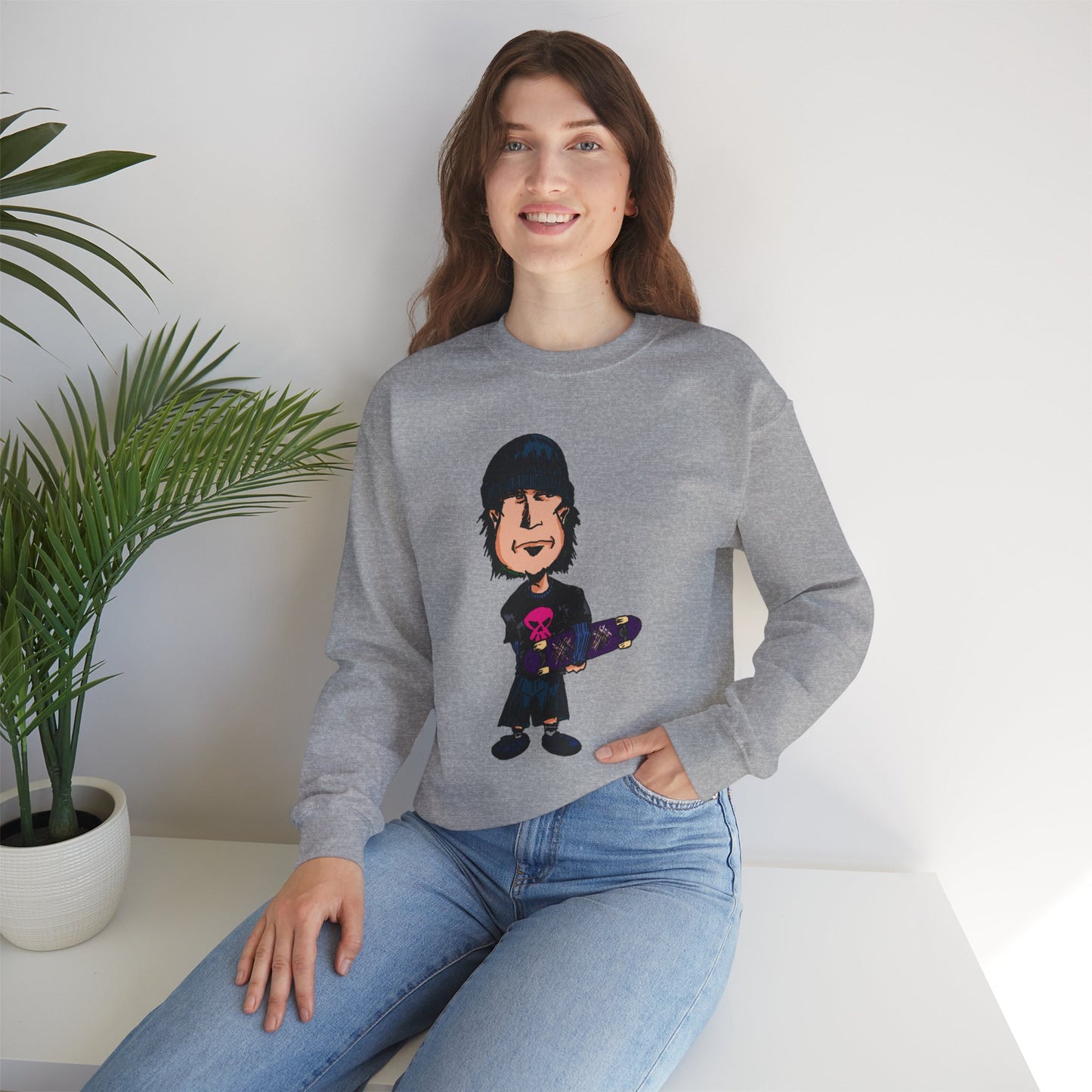 Rude Skater Dude - Skate Punk - Cartoon Skater Crewneck Sweatshirt – Cute Skateboarder Graphic Pullover