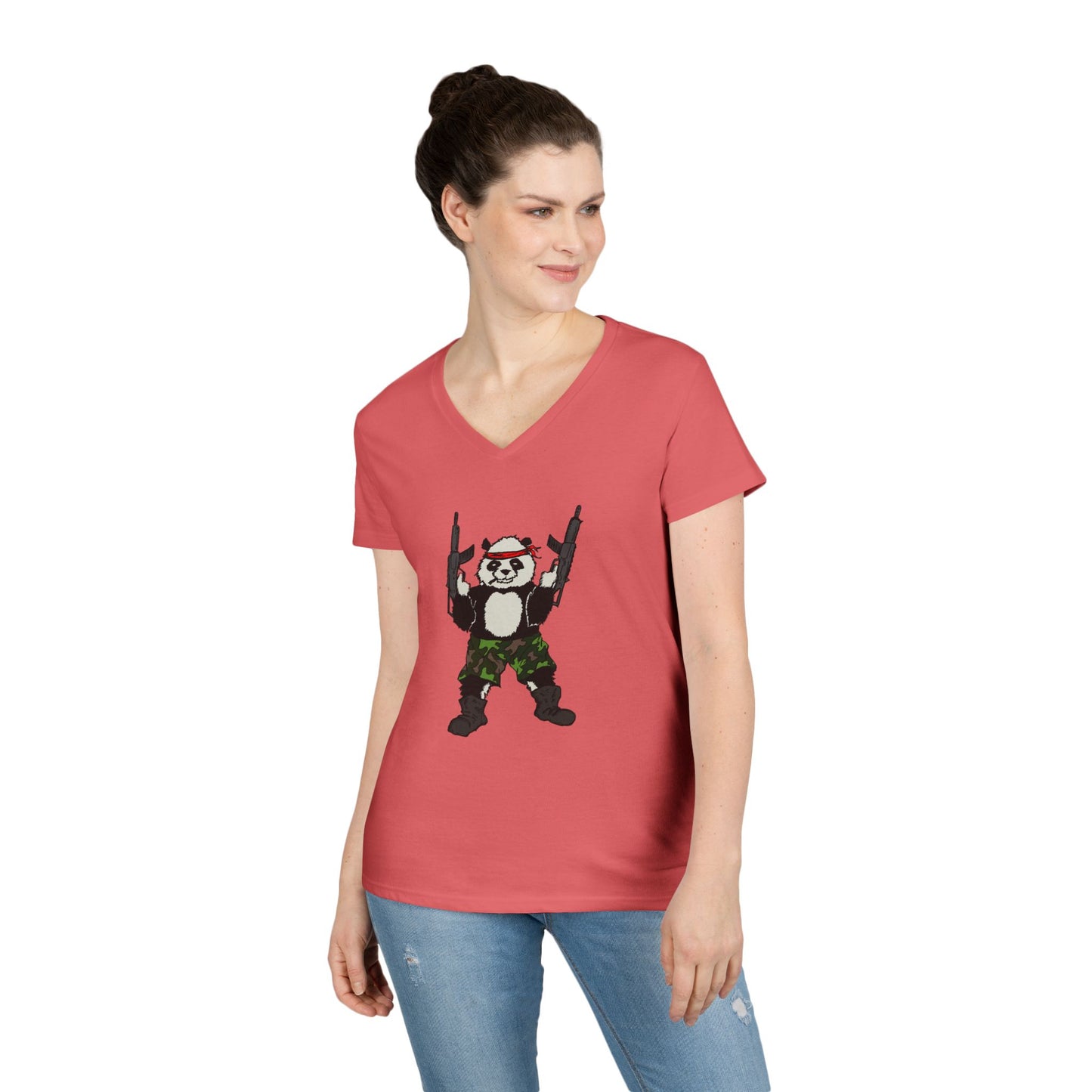 Ladies' V-Neck T-Shirt - Cool Panda with Guns Graphic Tee