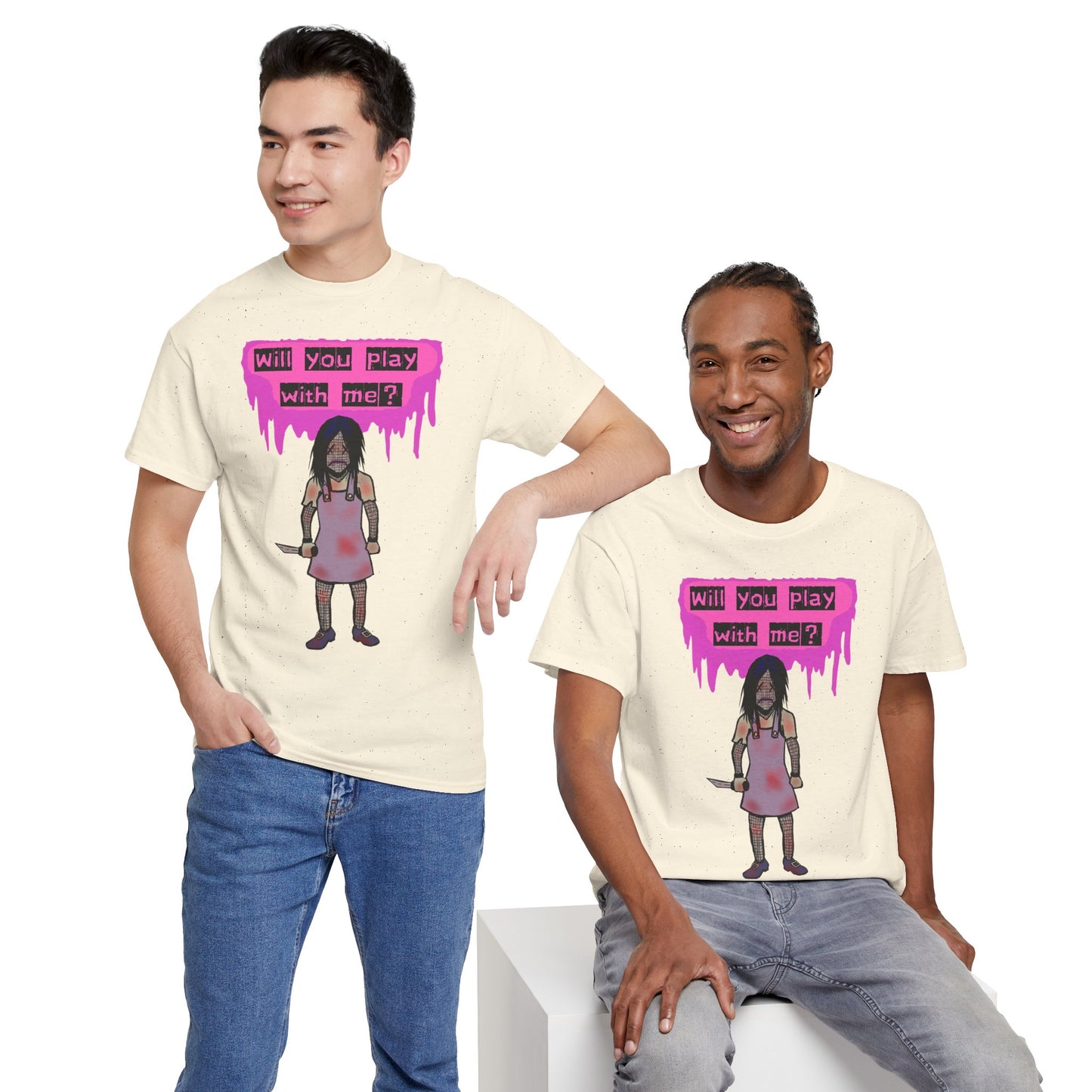 Playful Evil Doll Horror Graphic Tee, Unisex Heavy Cotton Shirt, Casual Wear, Unique Gift, Halloween Costume, Quirky Fashion
