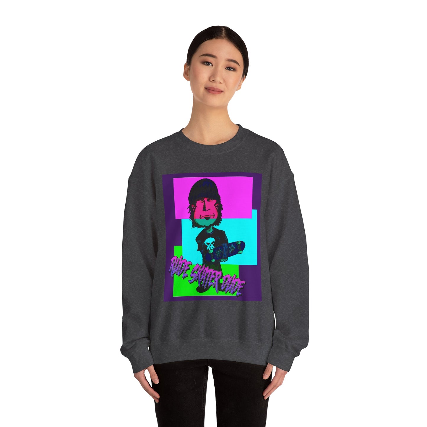 Crewneck Sweatshirt — Retro Neon Skate Punk "Rude Skater Dude" Graphic