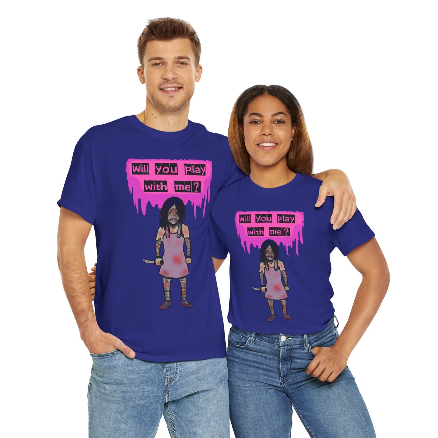 Playful Evil Doll Horror Graphic Tee, Unisex Heavy Cotton Shirt, Casual Wear, Unique Gift, Halloween Costume, Quirky Fashion
